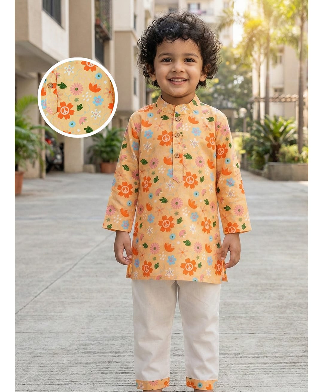 Desi Soota Cotton Woven Full Sleeves Floral Pinted Kurta & Pyjama Set - Beige-image-47