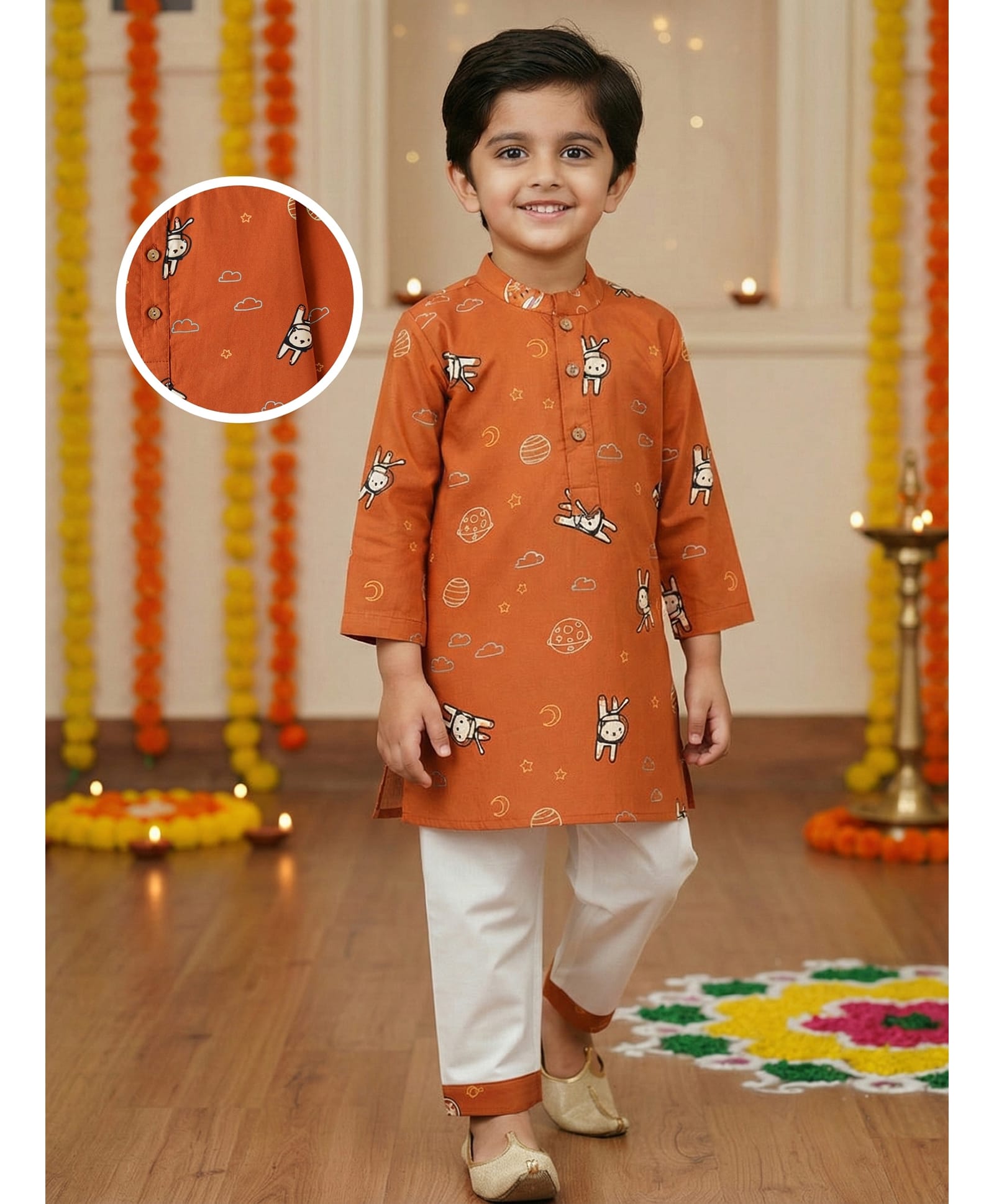 Desi Soota Cotton Woven Full Sleeves Space Theme Pinted Kurta & Pyjama Set - Rust Orange-image-44