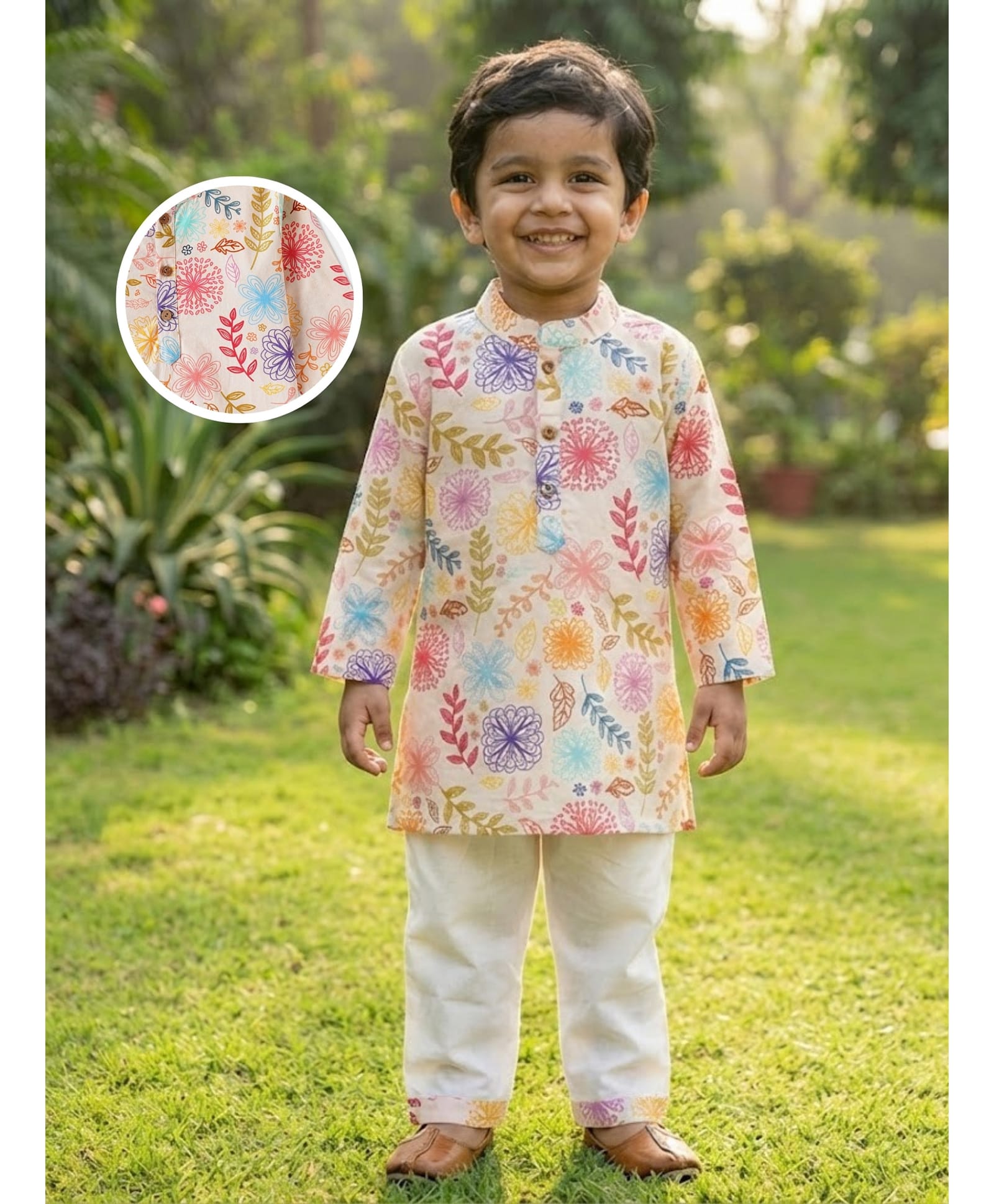 Desi Soota Cotton Woven Full Sleeves Floral Pinted Kurta & Pyjama Set - Multi Colour-image-17