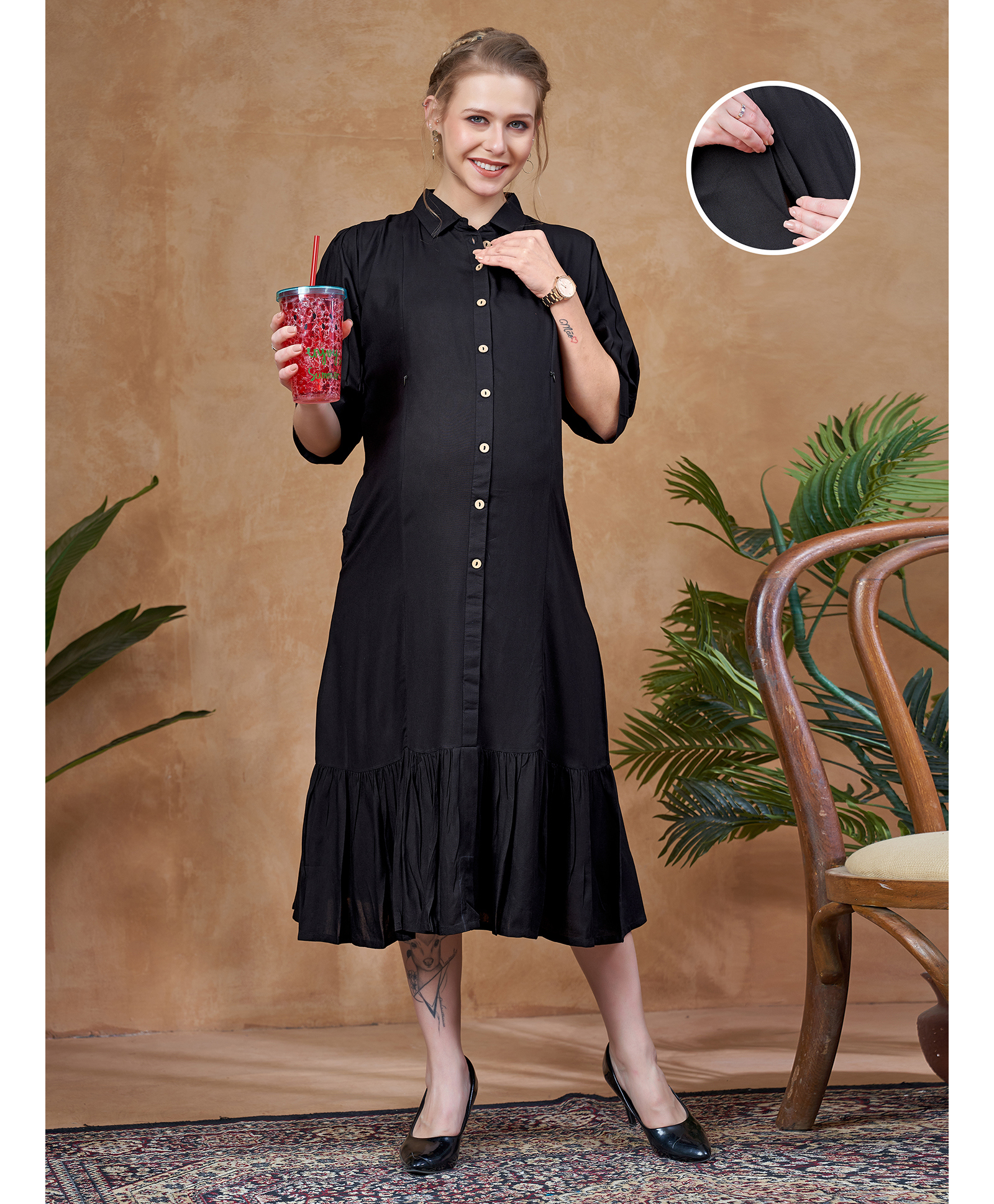 Lovely Mom's Rayon Woven Three Fourth Sleeves Solid Maternity Dress With Nursing Access - Black