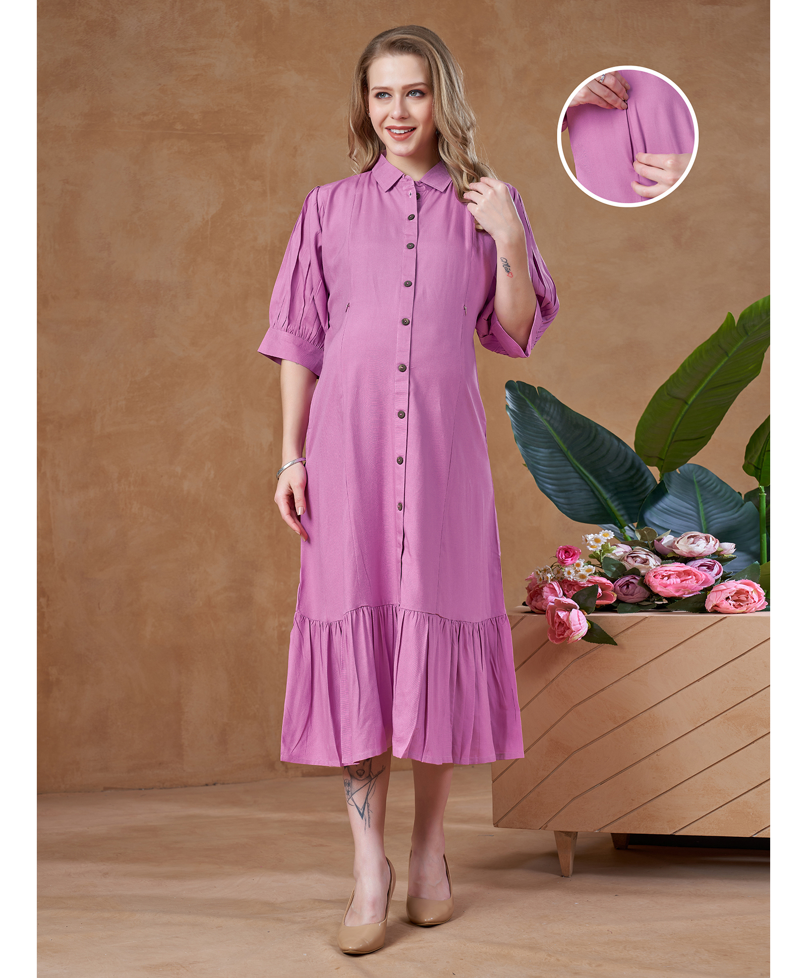 Lovely Mom's Rayon Woven Three Fourth Sleeves Solid Maternity Dress With Nursing Access - Lavender-image-40