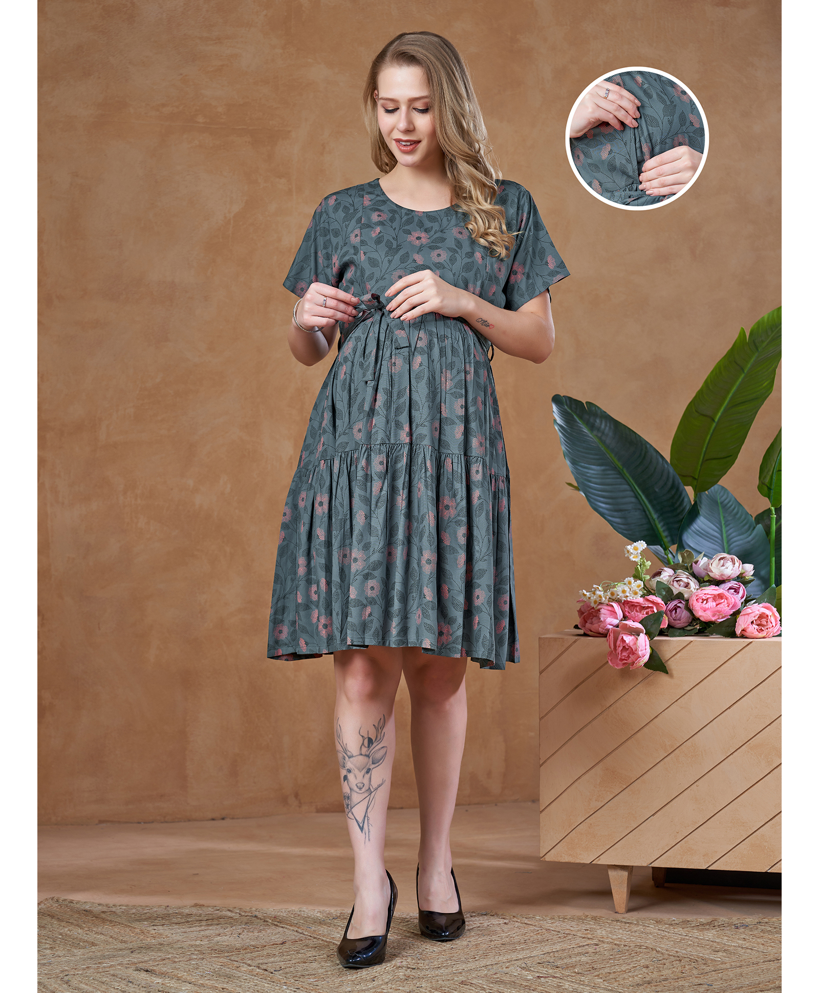 Lovely Mom's Cotton Blend Woven Half Sleeves Floral Printed Maternity Dress With Side Zipper Nursing Access - Blue-picture-24