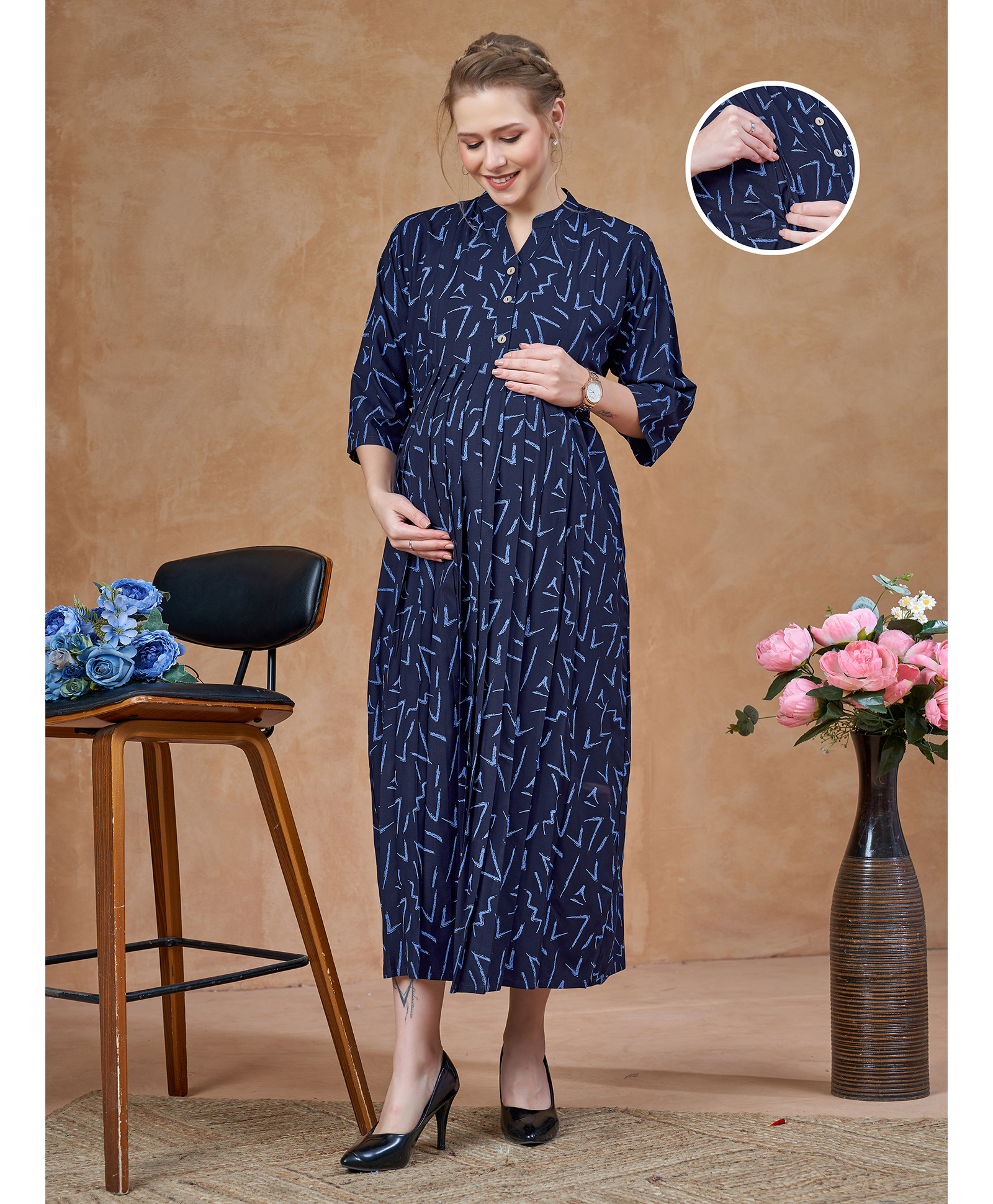 Lovely Mom's Rayon Woven Three Fourth Sleeves Abstract Printed Maternity Dress With Side Zipper Nursing Access - Navy Blue-image-38