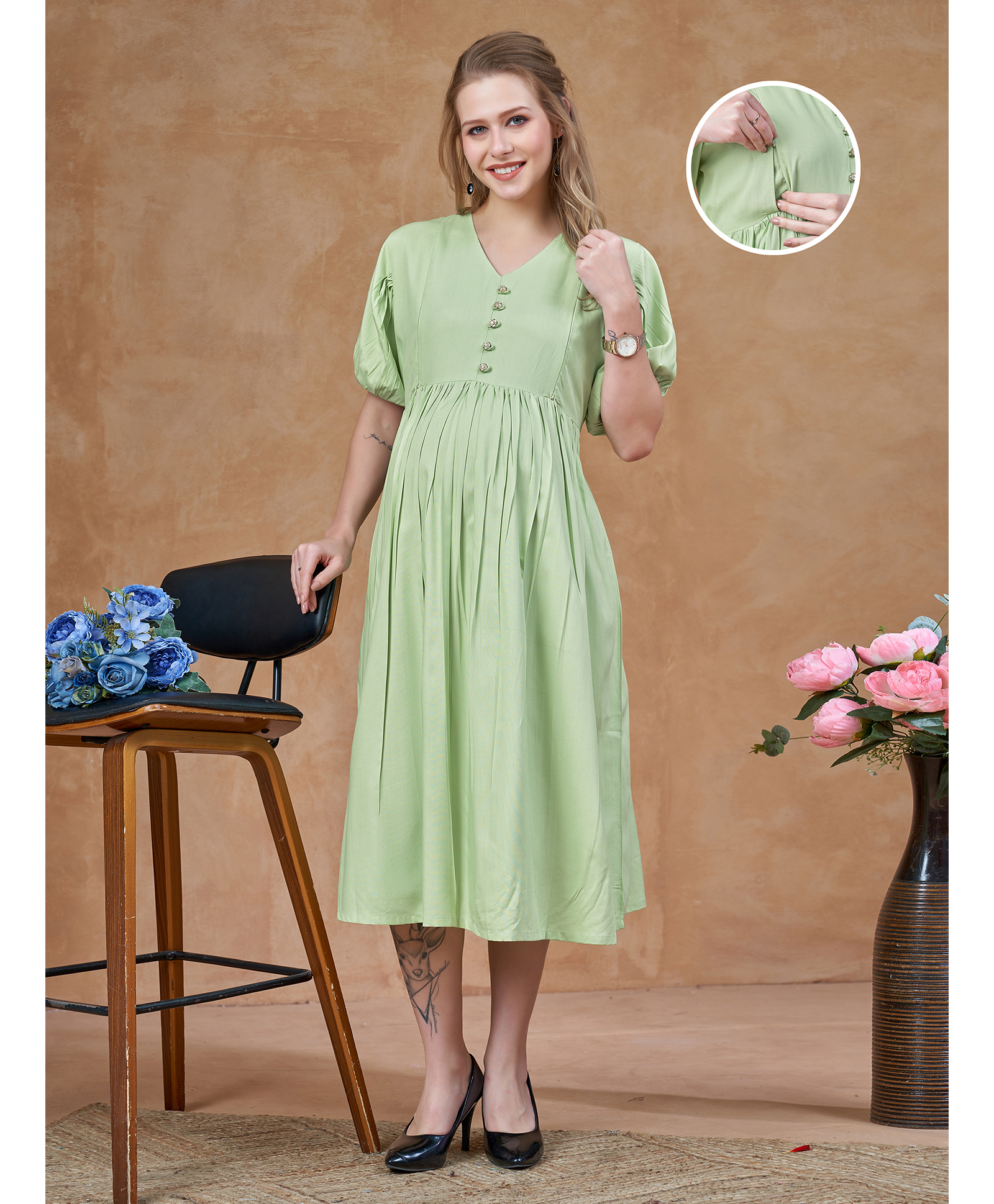 Lovely Mom's Rayon Woven Half Sleeves Solid Maternity Dress With Side Zipper Nursing Access - Pista Green-picture-12