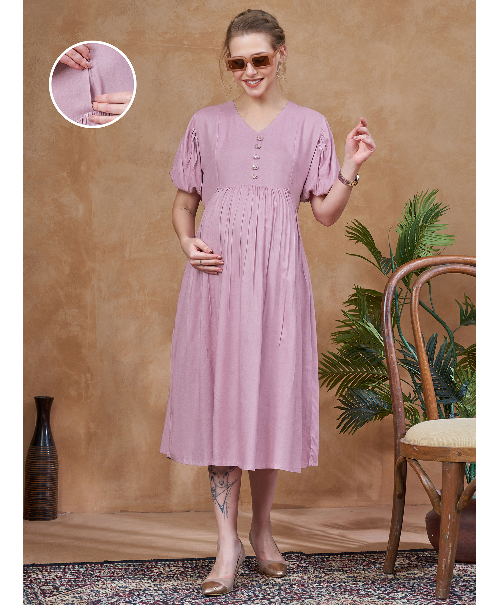Lovely Mom's Rayon Woven Half Sleeves Solid Maternity Dress With Side Zipper Nursing Access - Baby Pink-picture-14