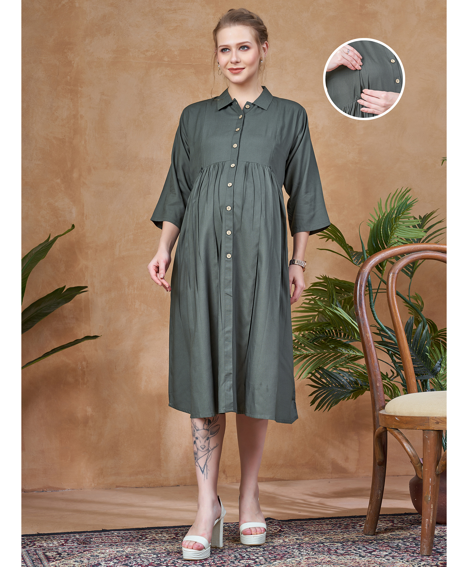 Lovely Mom's Rayon Woven Three Fourth Sleeves Solid Maternity Dress With Side Zipper Nursing Access - Grey-picture-25