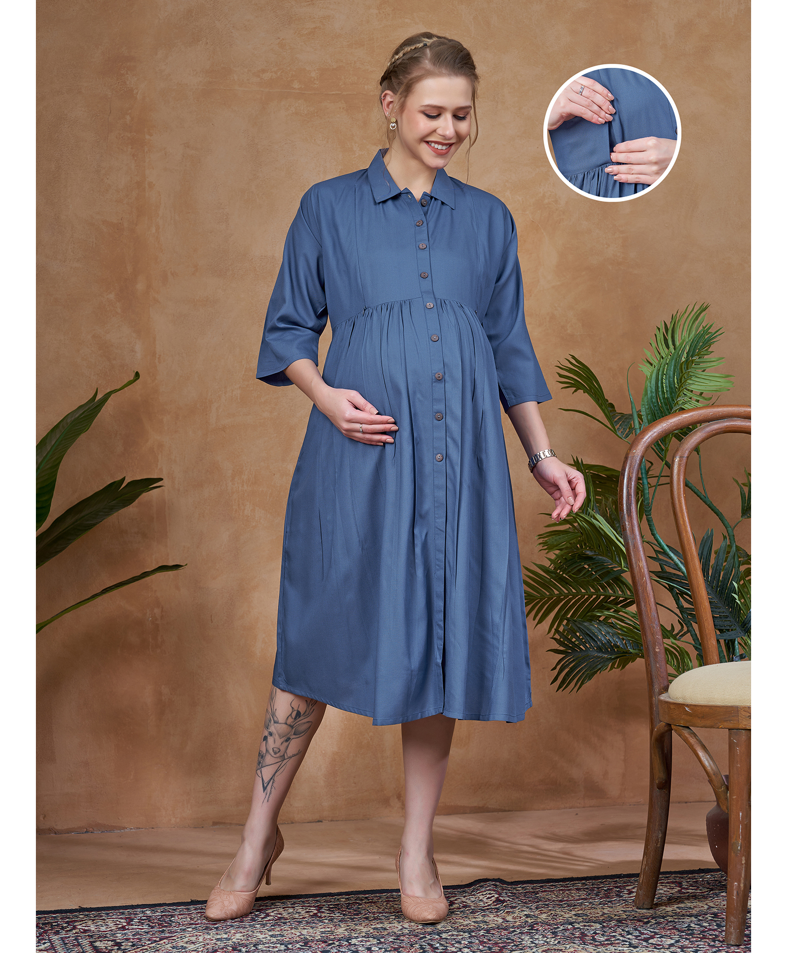 Lovely Mom's Rayon Woven Three Fourth Sleeves Solid Maternity Dress With Side Zipper Nursing Access - Blue-image-30
