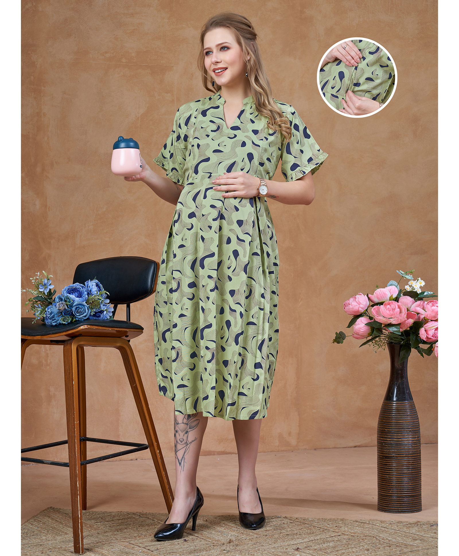 Lovely Mom's Rayon Woven Half Sleeves Abstract Printed Maternity Dress With Side Zipper Nursing Access - Pista Green-image-25