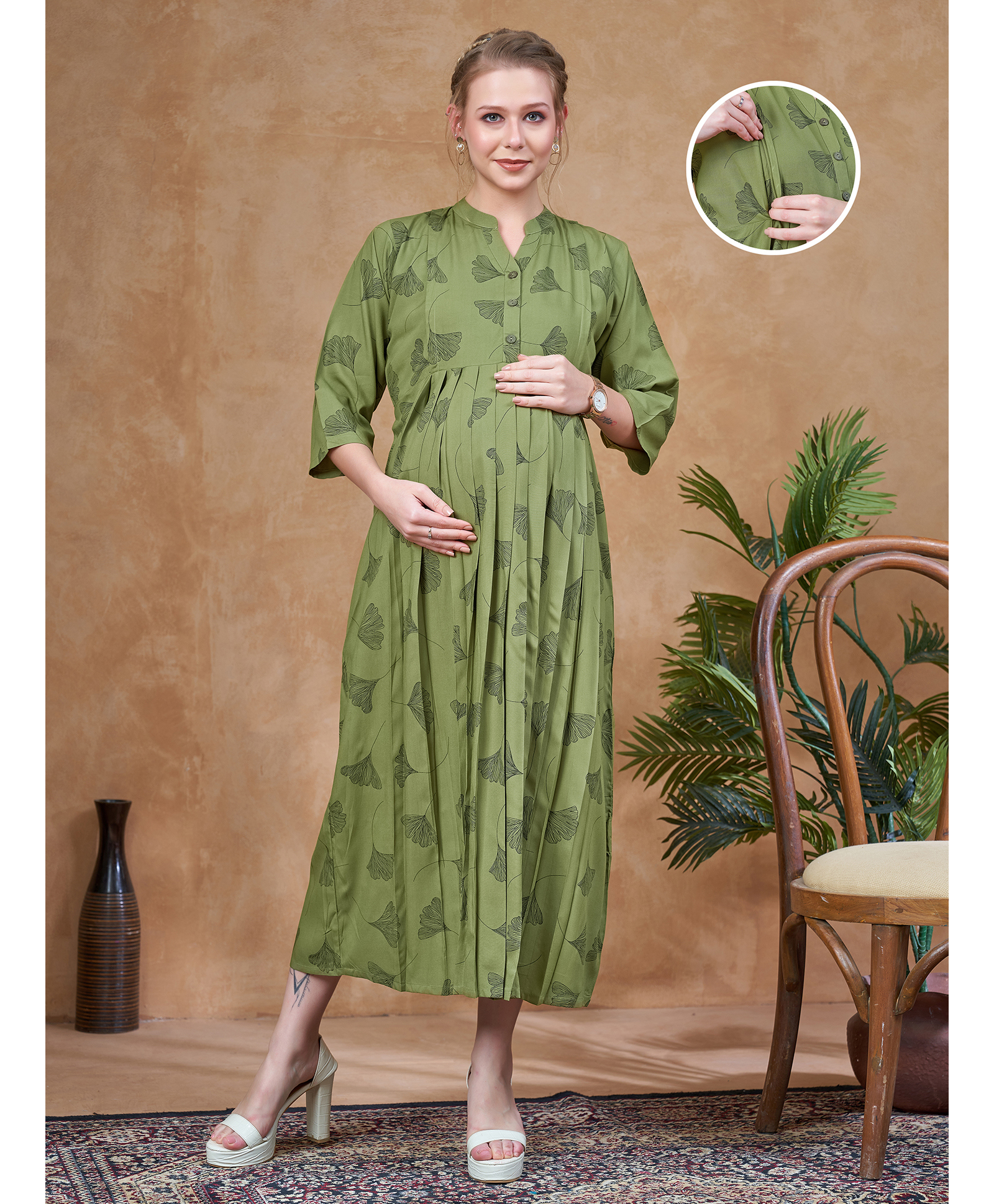 Lovely Mom's Rayon Woven Three Fourth Sleeves Floral Printed Maternity Dress With Side Zipper Nursing Access - Olive Green-image-48