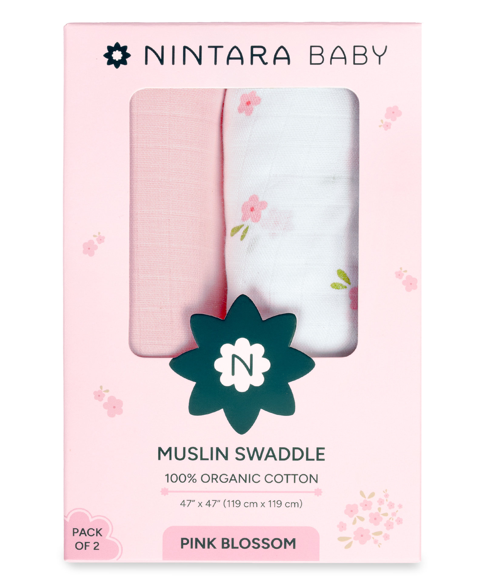 Nintara Baby Soft, Breathable, Lightweight, 100% Organic Cotton Extra-Large Swaddle Pack of 2 - Pink Blossom-image-49