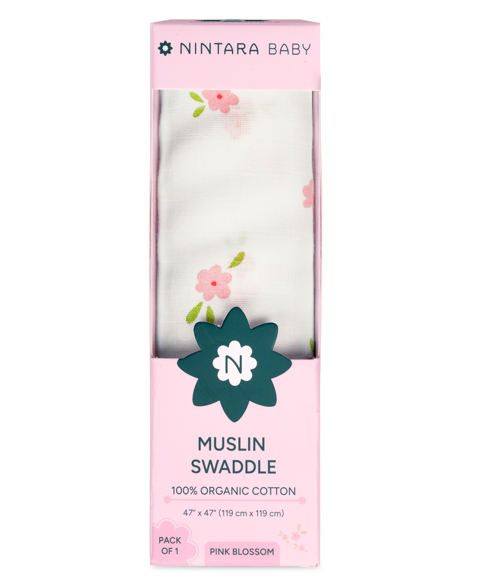 Nintara Baby Soft, Breathable, Lightweight, 100% Organic Cotton Extra-Large Swaddle Pack of 1 - Pink Blossoms-image-2