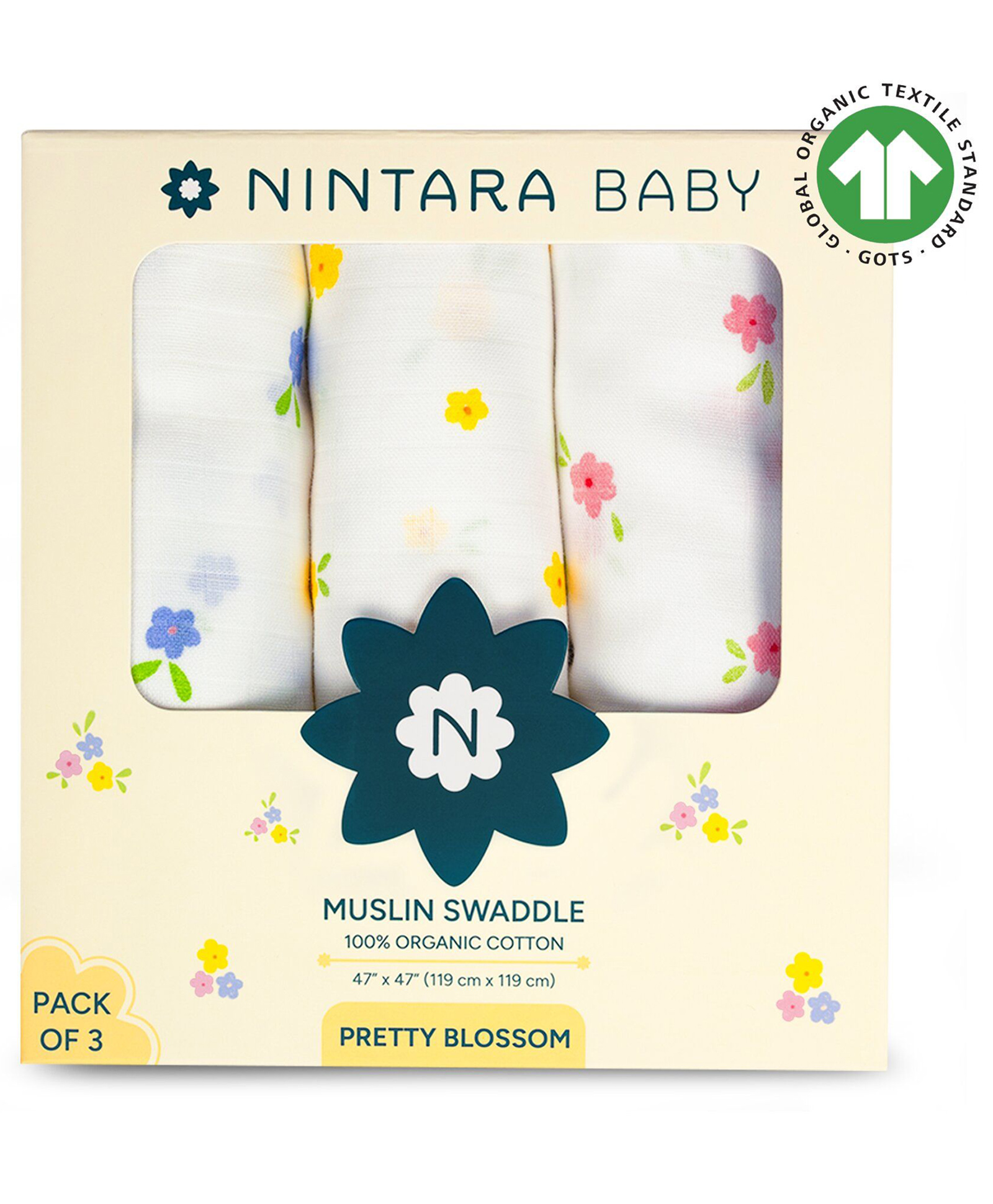 Nintara Baby Soft, Breathable, Lightweight, 100% Organic Cotton Extra-Large Swaddle Pack of 3 - Pretty Blossom-image-2