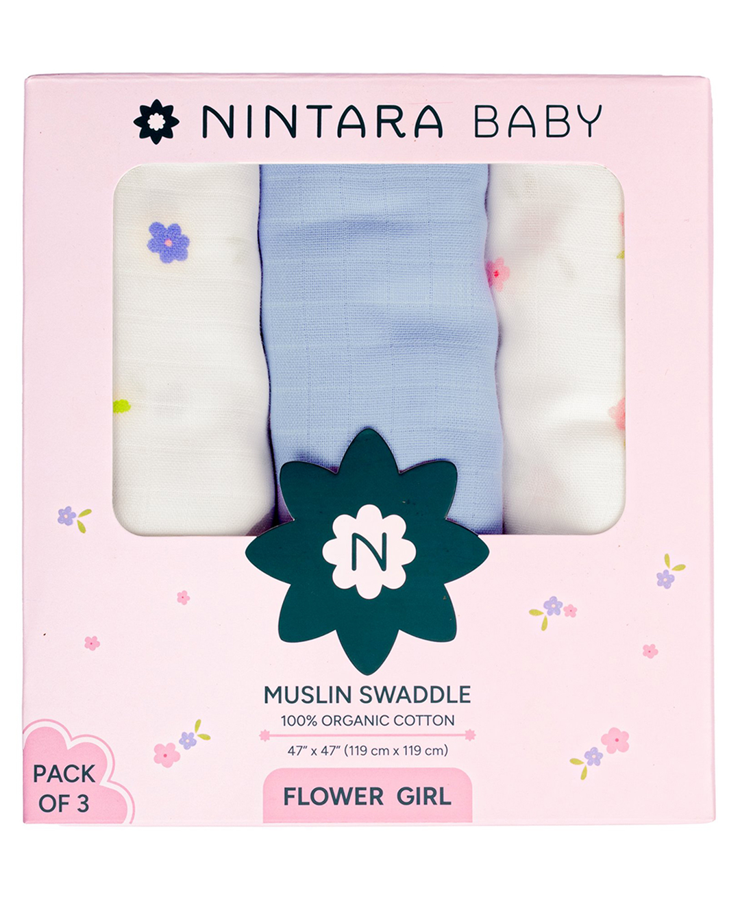 Nintara Baby Soft, Breathable, Lightweight, 100% Organic Cotton Extra-Large Swaddle Pack of 3 - Flower Girl-image-49