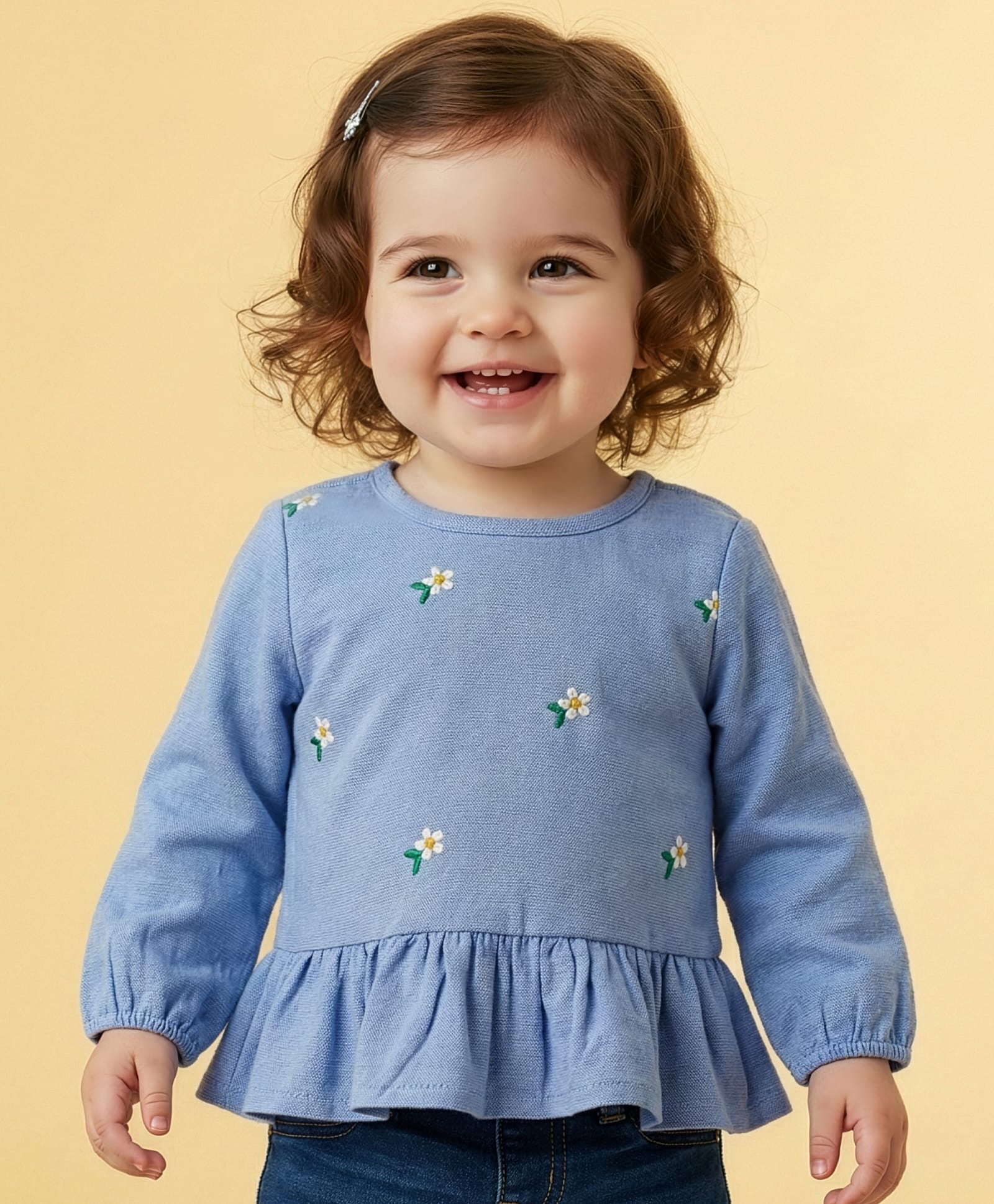 Babyoye Cotton Knit Full Sleeves Top With Floral Embroidery - Light Blue
