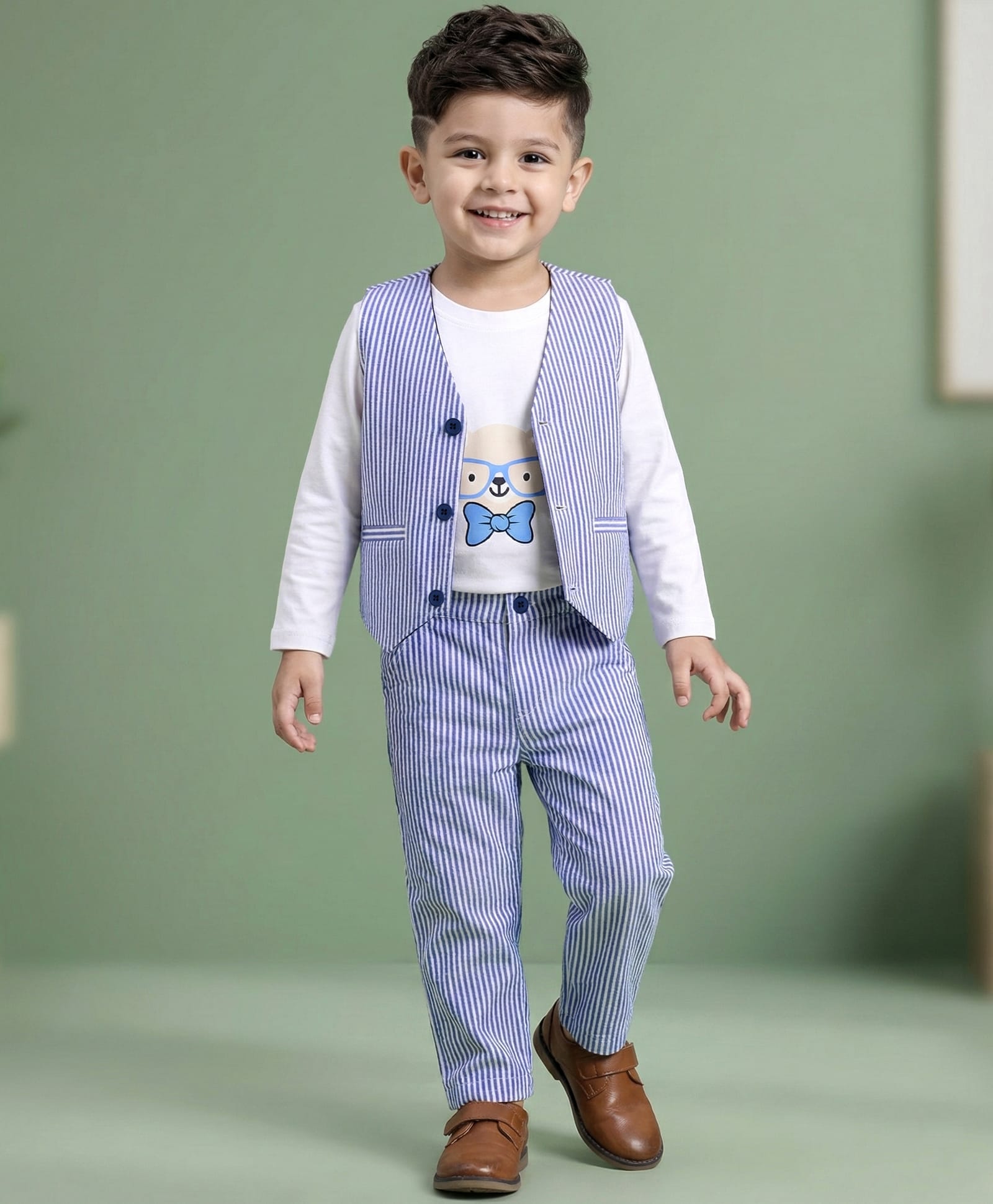 Babyhug Cotton Woven Full Sleeves Dog Printed Party T-Shirt & Trouser Set With Waistcoat - Blue-image-35