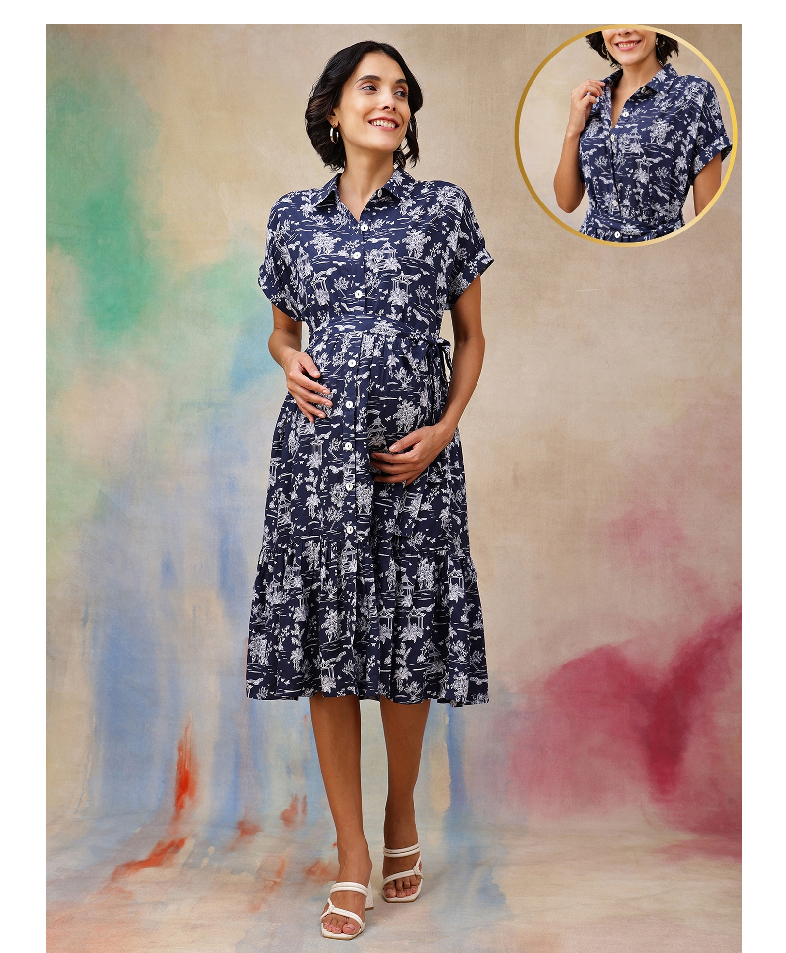 Zelena 100% Cotton Woven Half Sleeves Trees Printed Maternity Shirt Style Dress With Centre Front Access - Navy Blue-image-27