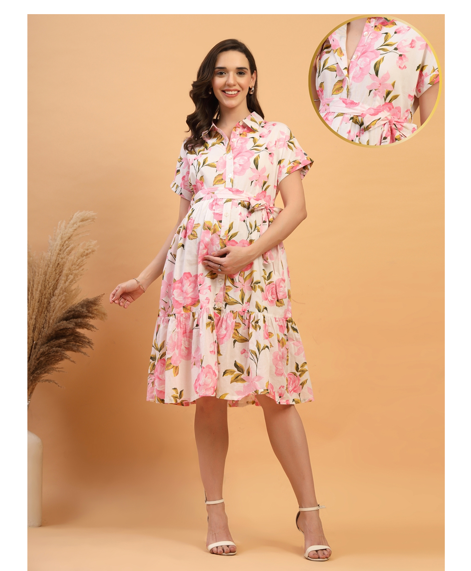Zelena 100% Cotton Woven Half Sleeves Floral Printed Maternity Shirt Style Dress With Centre Front Access - Light Pink-image-31