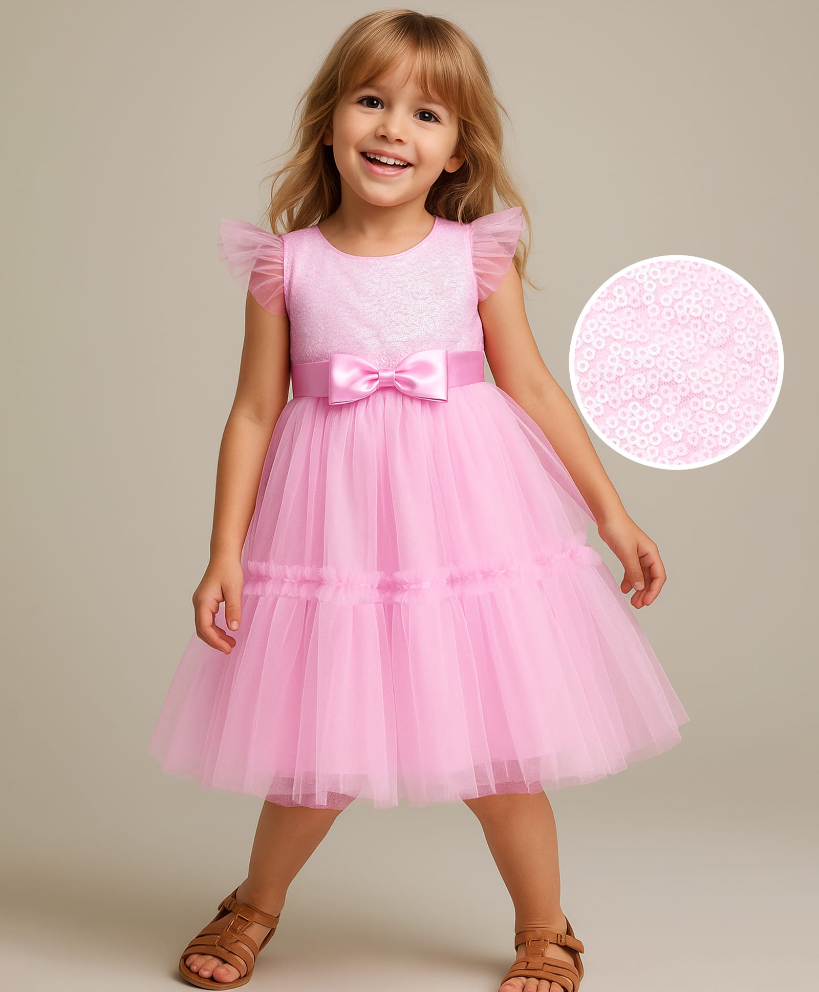 Babyhug Woven Sleeveless Partywear Mesh Dress With Sequinned Yoke Design And Bow Applique - Light Pink-image-2