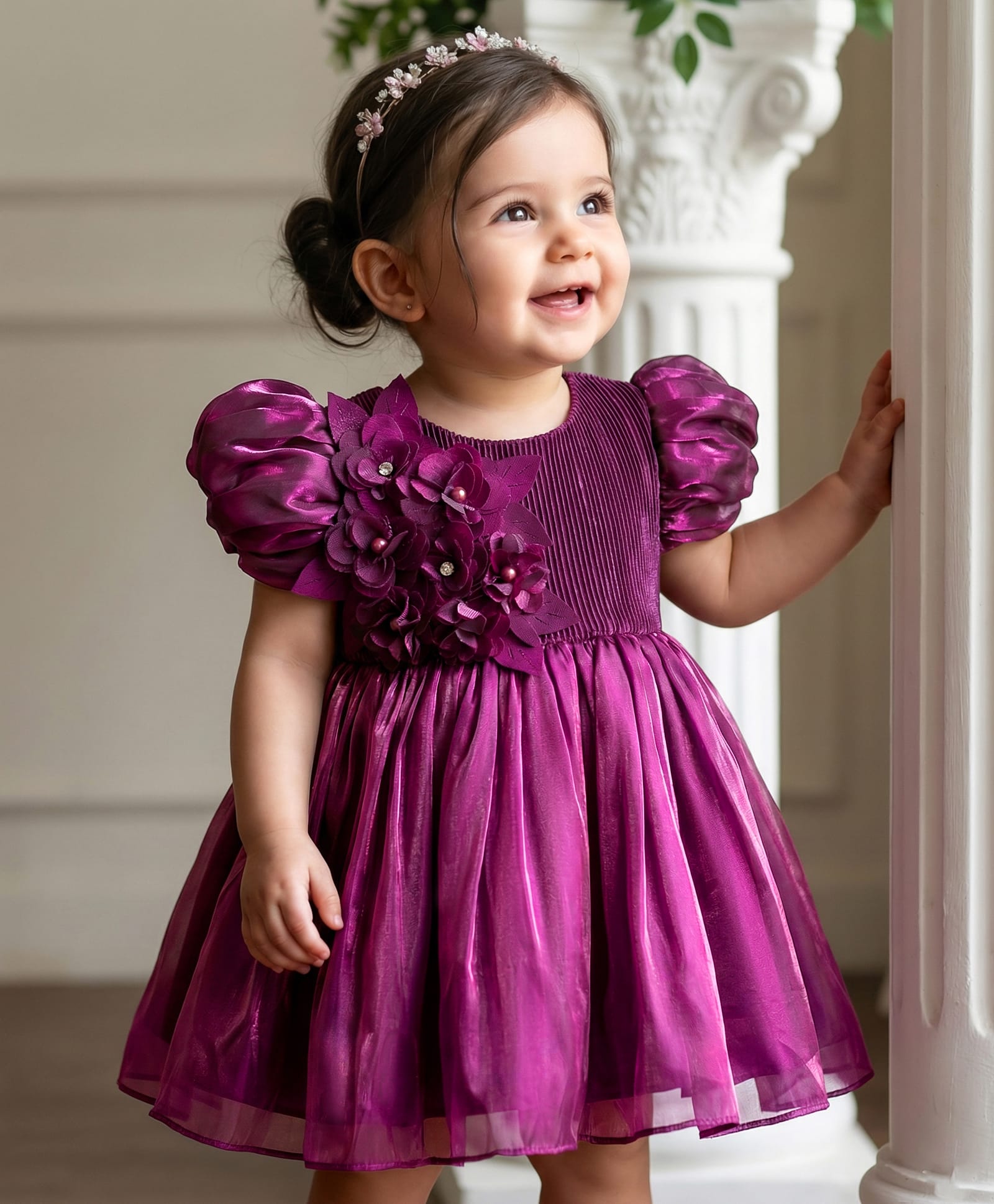 Babyhug Woven Half Sleeves Party Dress With Floral Corsage - Wine-image-37