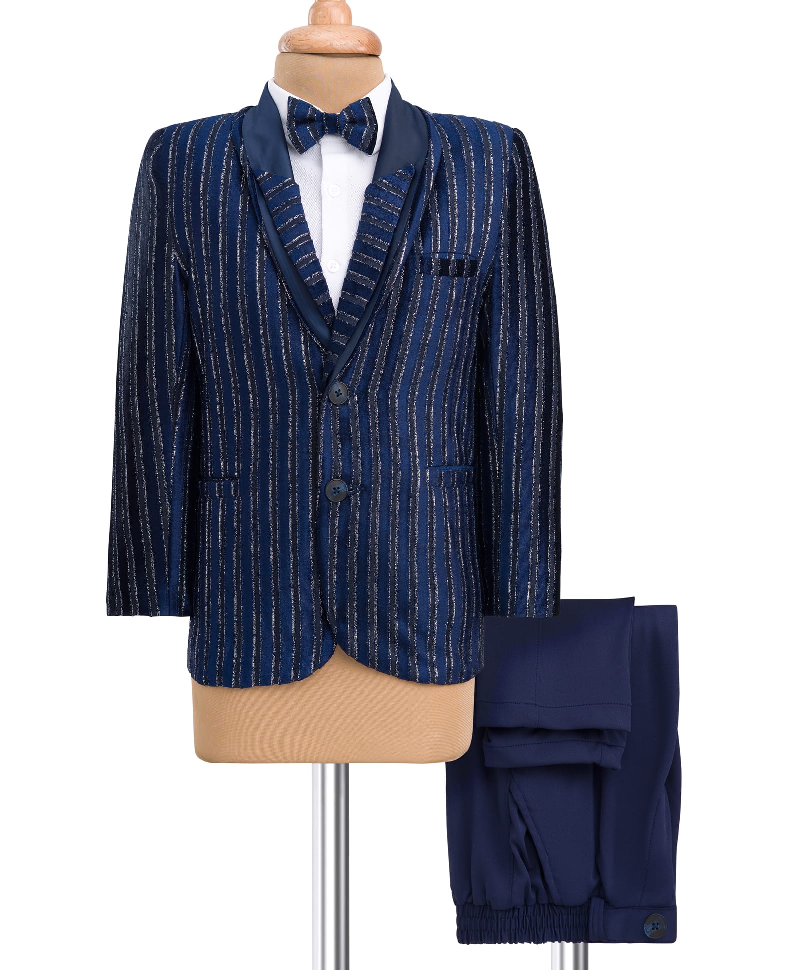 Babyhug Velour Knit Full Sleeves Shimmer 3 Piece Party Suit With Bow - Navy Blue & White-picture-25