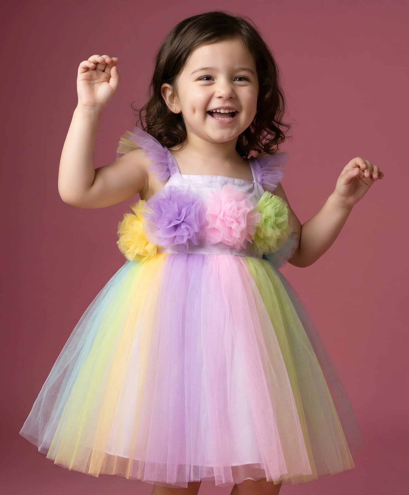Babyhug Woven Frill Sleeves A Line Mesh Party Frock with Floral Corsage - Multicolor-image-31