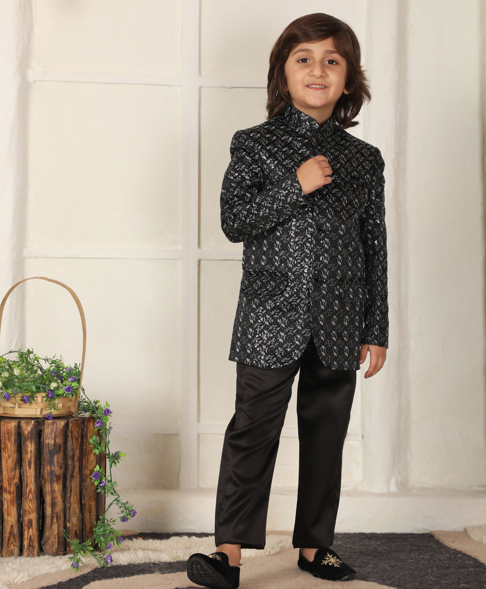 P-MARK Cotton Woven Full Sleeves Abstract Embroidered Sequins Embellished Jodhpuri Kurta Pant Set - Black-image-26