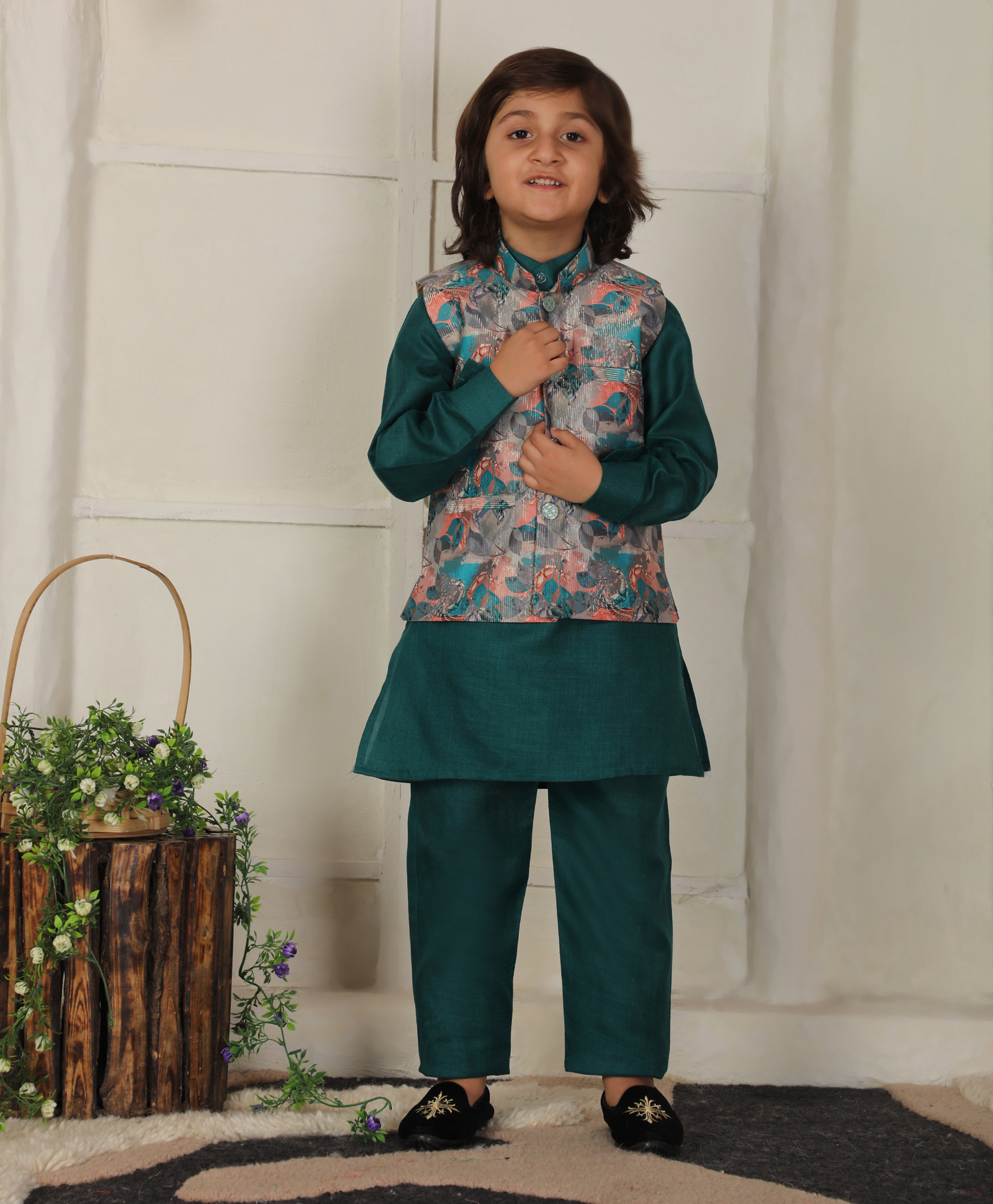 P-MARK Cotton Woven Full Sleeves Solid Kurta Pant With Leaves Printed Jacket Set - Firozi-picture-24