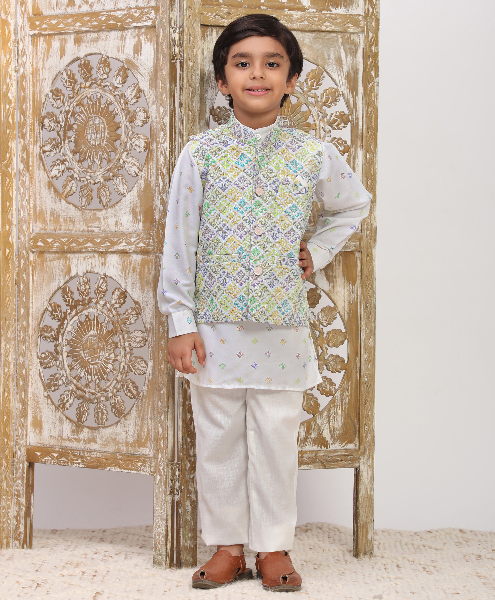 P-MARK Cotton Woven Full Sleeves Ethnic Motif Printed Kurta Pant With Thread Work Embroidered Jacket Set - Firozi-image-27