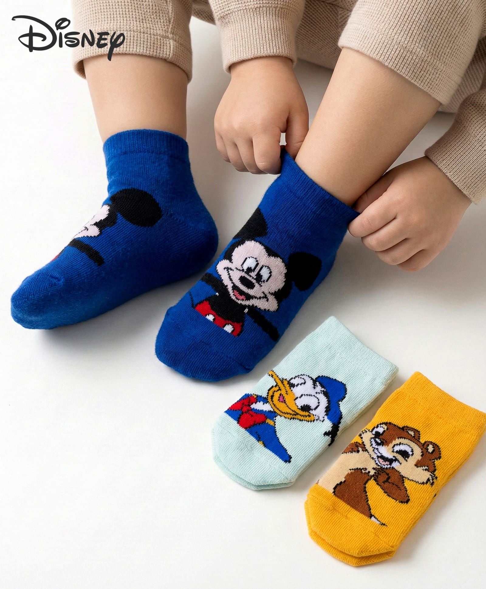 Cute Walk by Babyhug Disney Knitted Ankle Length Anti Bacterial Socks With Mickey Mouse and Friends Graphic Pack of 3 - Yellow & Blue-picture-22