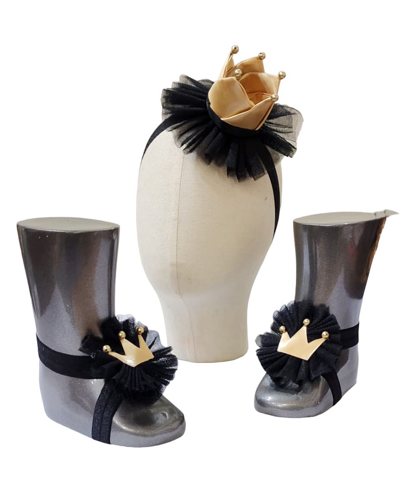 Tipy Tipy Tap Crown Applique Detailed Footless Shoes With Headband - Black & Gold-image-45
