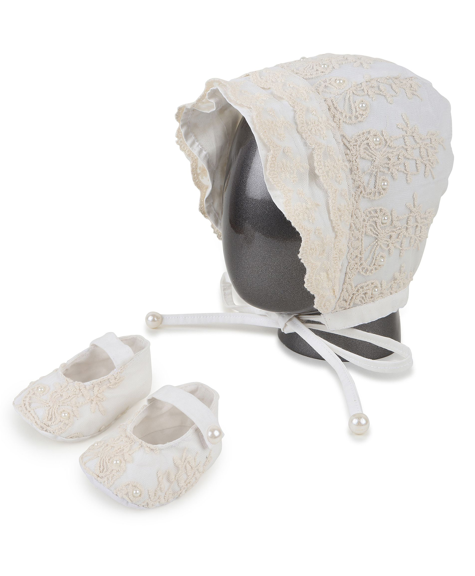 Tipy Tipy Tap Cotton Abstract Embroidered Bonnet Cap With Booties - Off White-picture-4