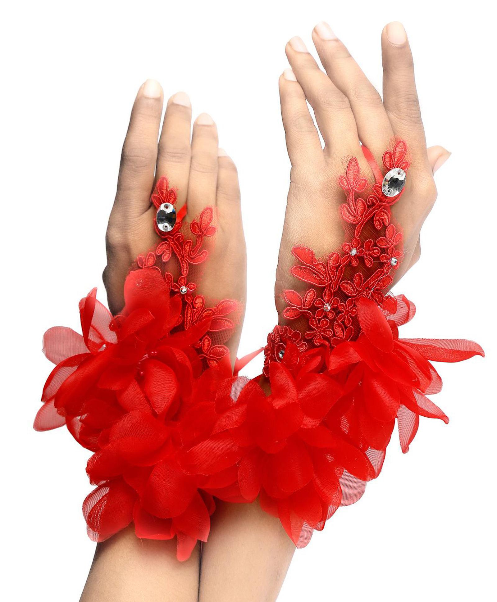 Tipy Tipy Tap Floral Designed Stones Embellished No Finger Gloves - Red