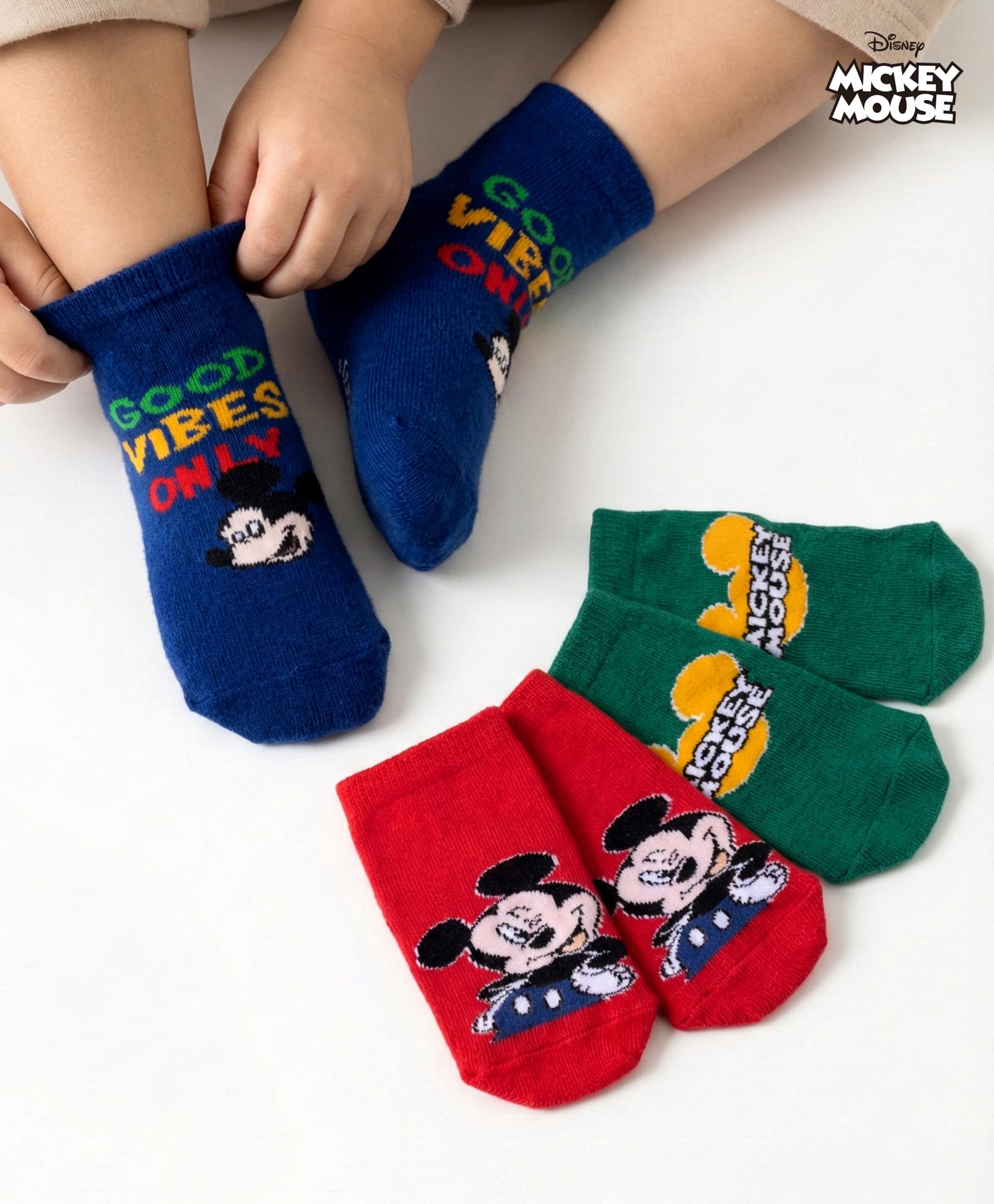 Cute Walk by Babyhug Disney Knit Ankle Length Antibacterial Socks with Mickey Mouse Graphic Pack of 3 - Dark Green Red & Navy Blue-image-4