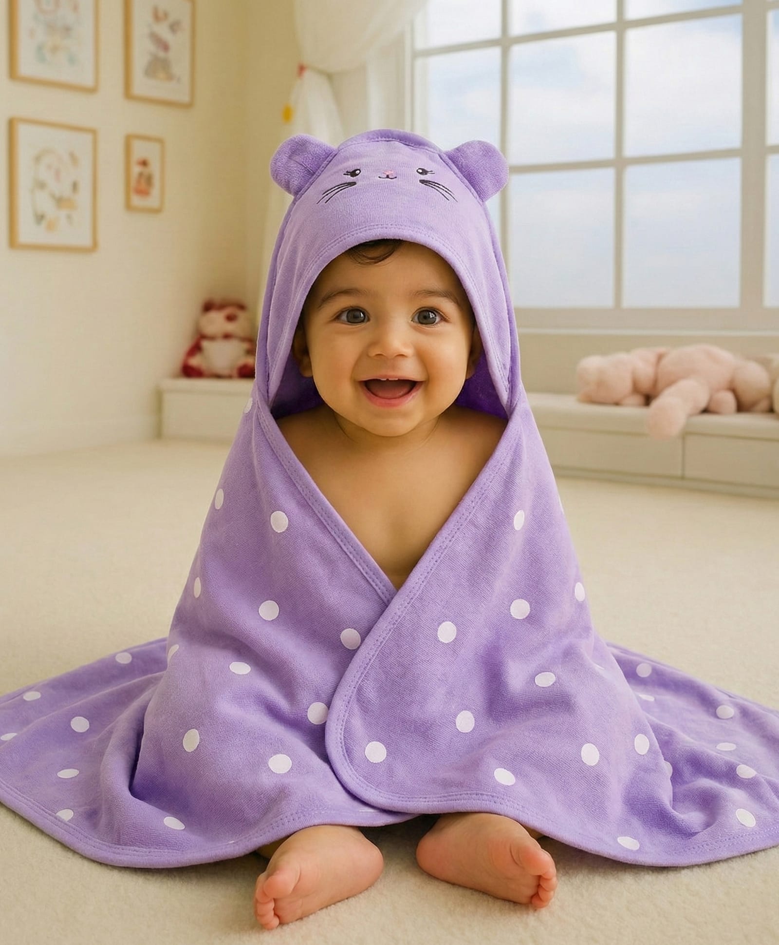 Babyhug Cotton Terry Knit Hooded Towel with Ear Applique Polka Dot Print & Embroidery L 73 x B 72 cm - Lilac-image-9