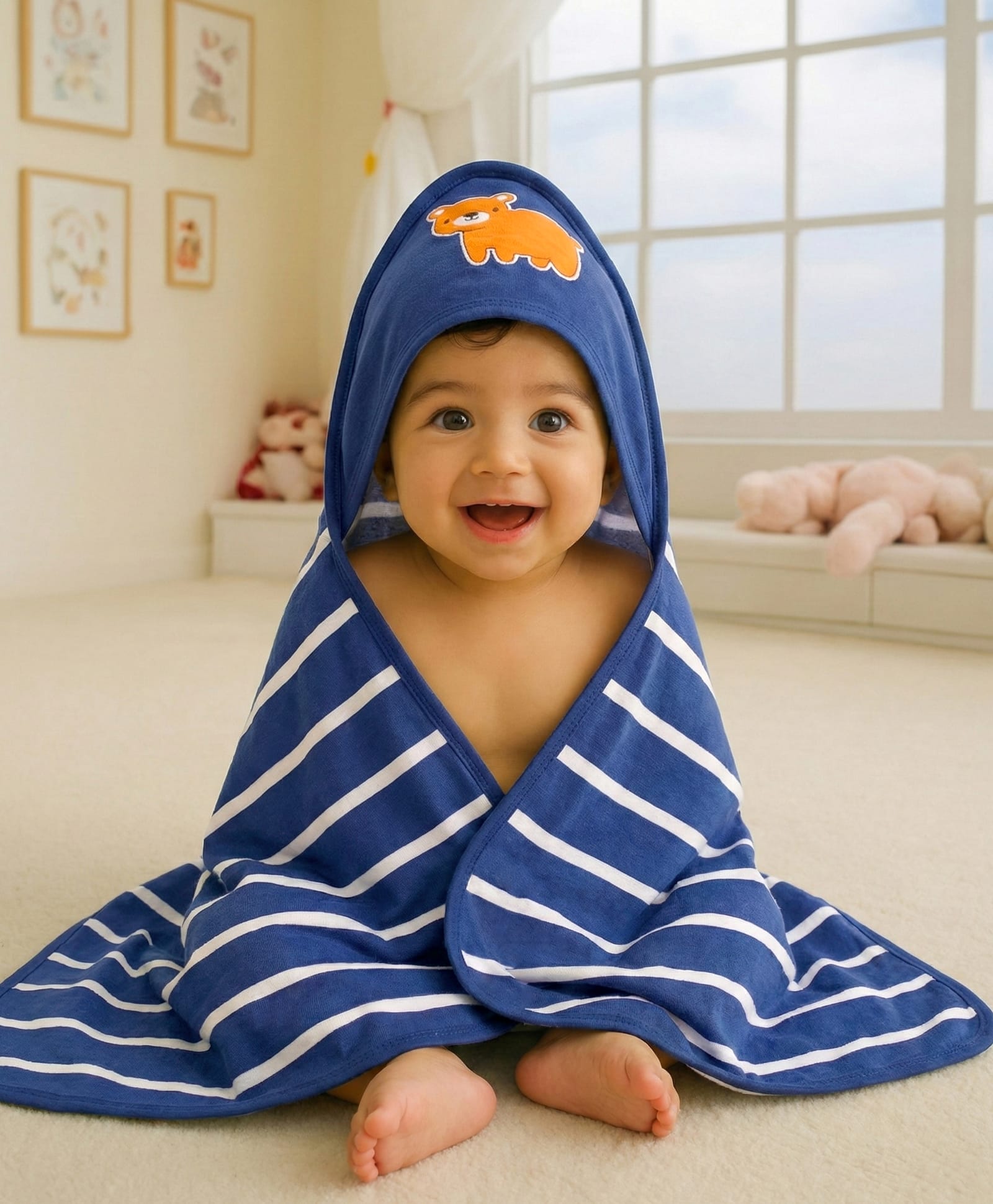 Babyhug Cotton Terry Knit Hooded Towel with Bear Patch Detailing & Stripes L 76 x B 76 cm - Navy Blue