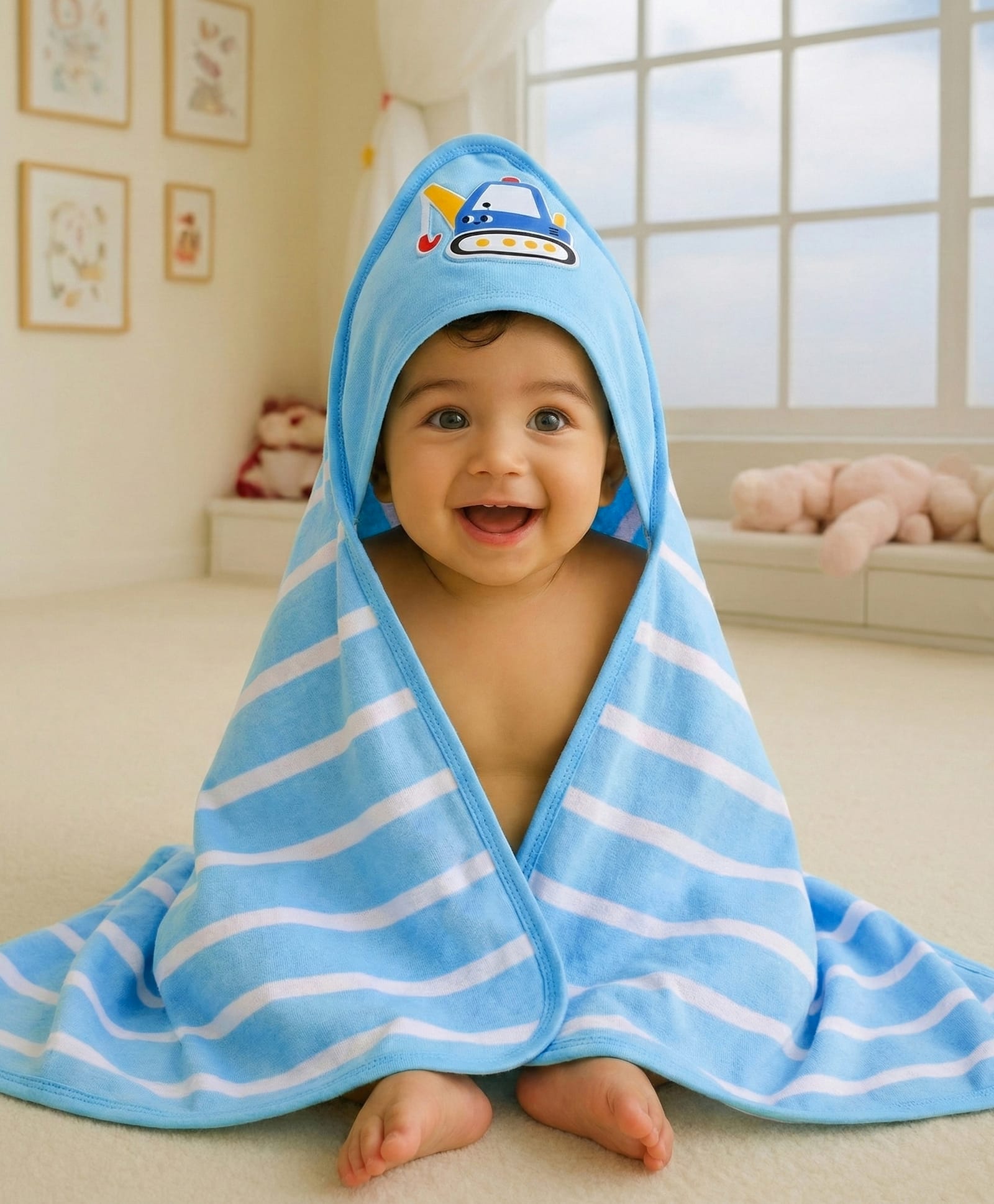 Babyhug Cotton Terry Knit Hooded Towel with Crane Patch Detailing & Stripes L 74 x B 74 cm - Light Blue
