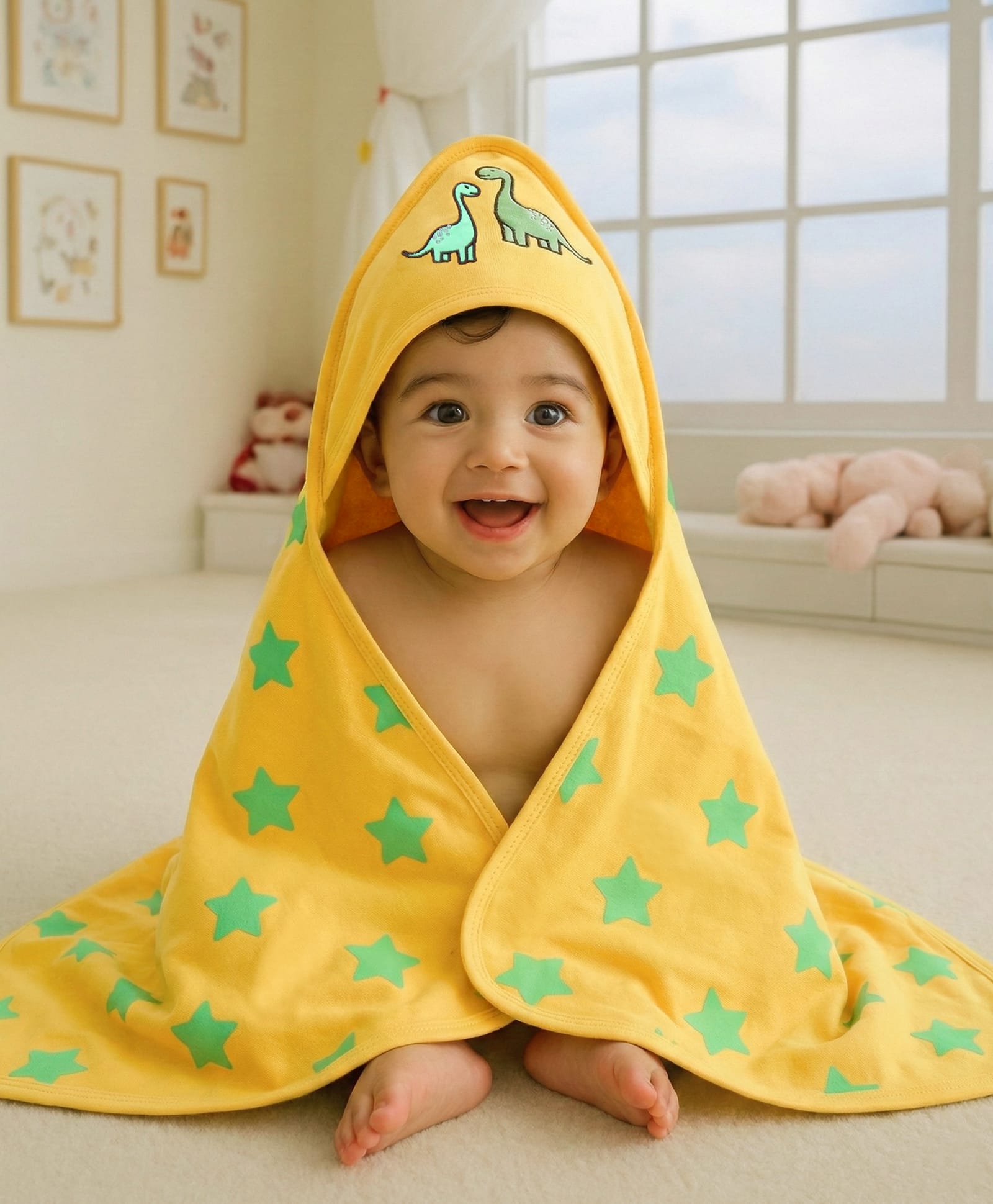 Babyhug Cotton Terry Knit Hooded Towel with Star Print & Dino Embroidery L 73 x B 71 cm - Yellow-image-14