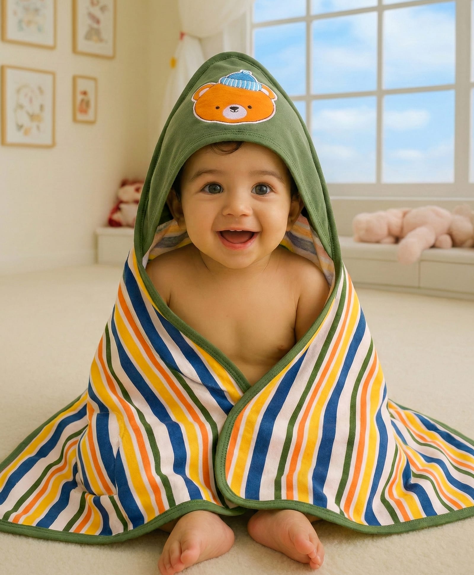 Babyhug Cotton Terry Knit Hooded Towel with Bear Patch Detailing & Stripes L 77 x B 75 cm - Green