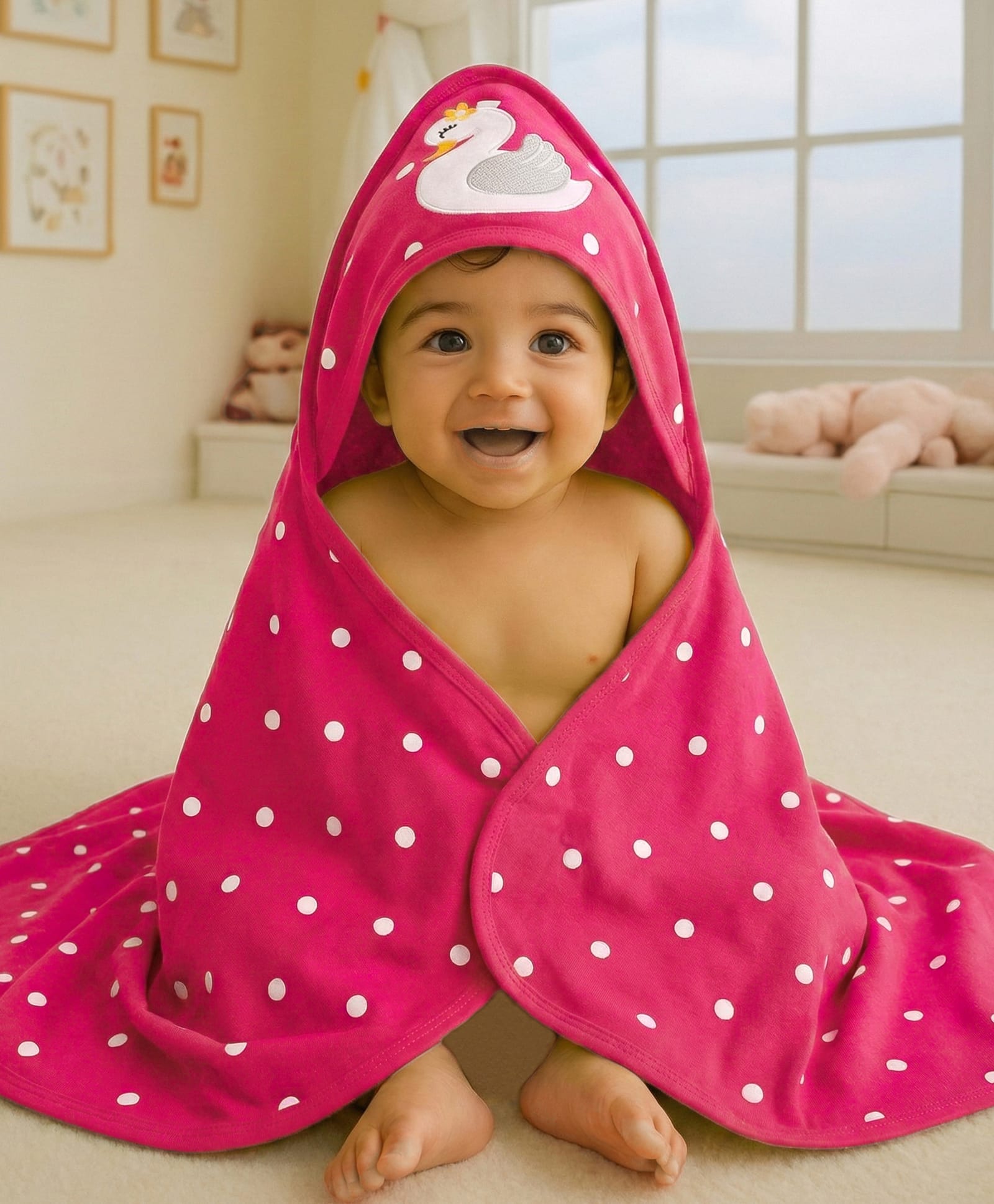Babyhug Cotton Terry Knit Hooded Towel with Polka Dot Print & Duck Embroidery L 75 x B 73 cm - Dark Pink