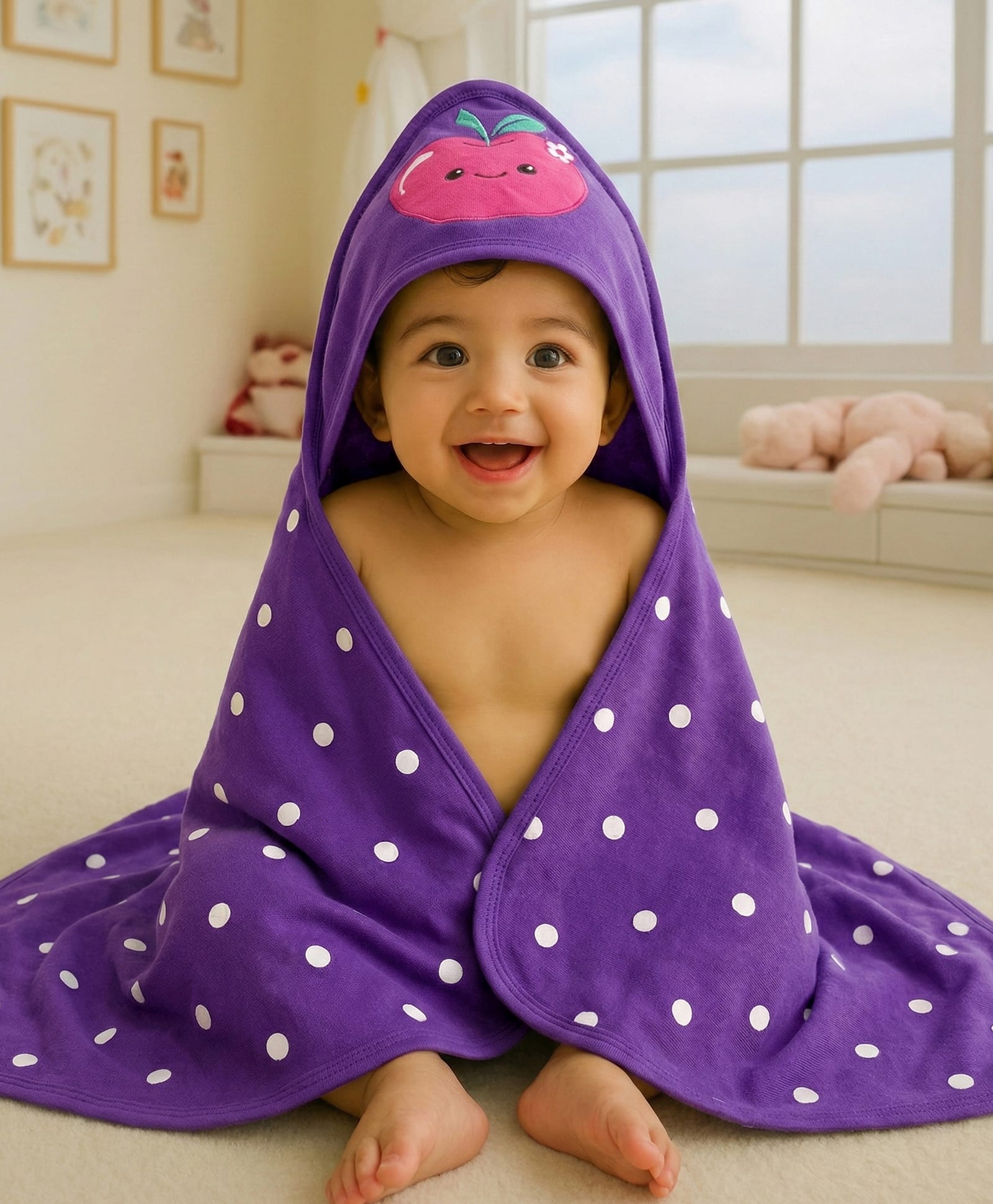 Babyhug Cotton Terry Knit Hooded Towel with Polka Dot Print & Apple Embroidery L 76 x B 68 cm - Purple