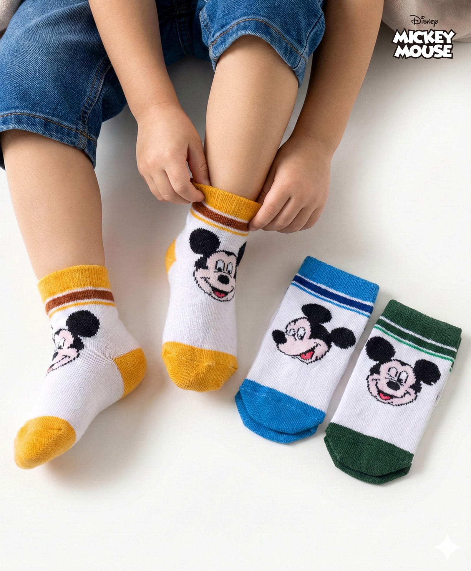 Cute Walk by Babyhug Disney Knit Ankle Length Antibacterial Socks with Mickey Mouse Graphic Pack of 3 - Blue Yellow & White-image-40