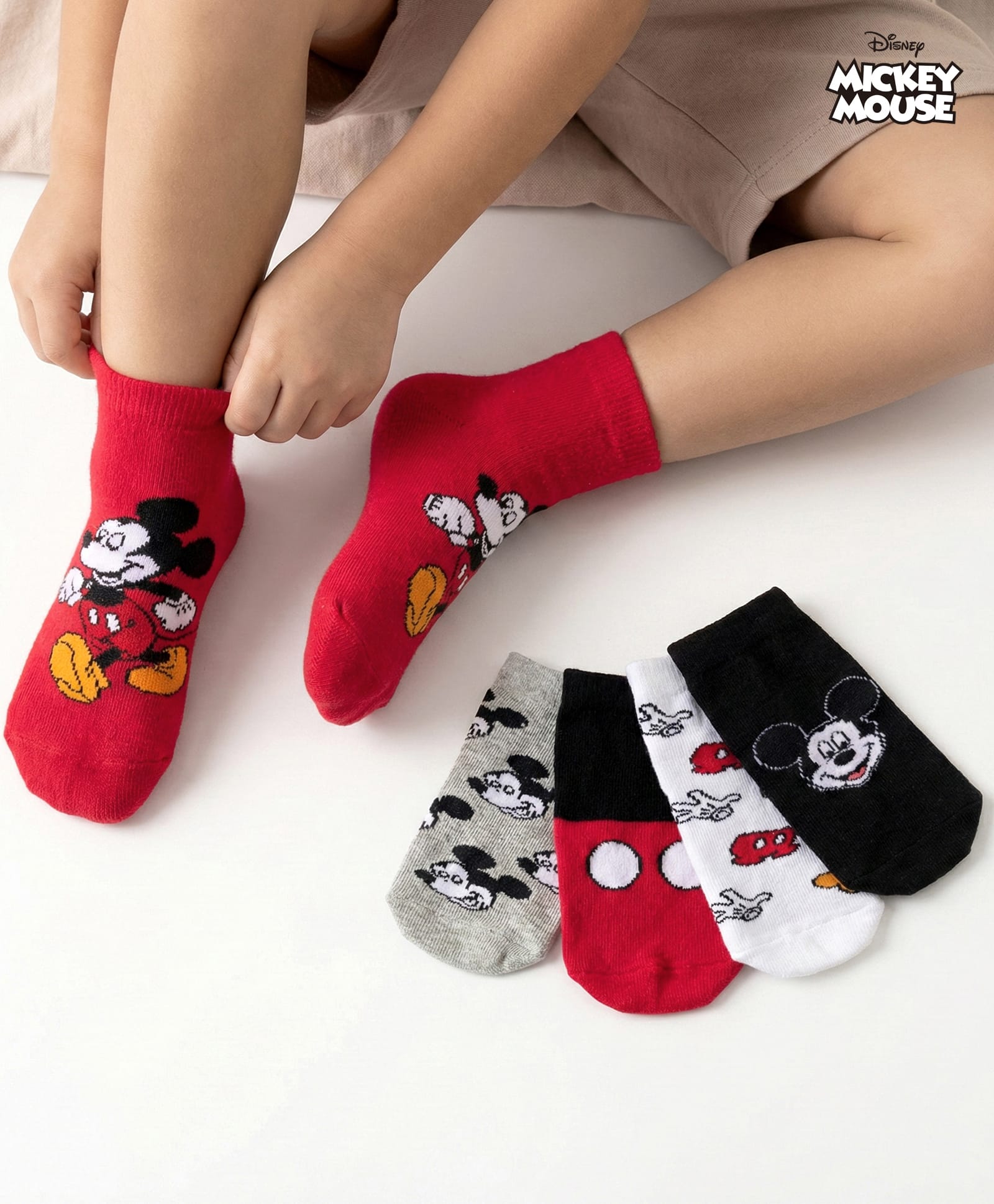 Cute Walk by Babyhug Disney Knit Ankle Length Antibacterial Socks with Mickey Mouse Graphic Pack of 5 - Red Black & White-image-16