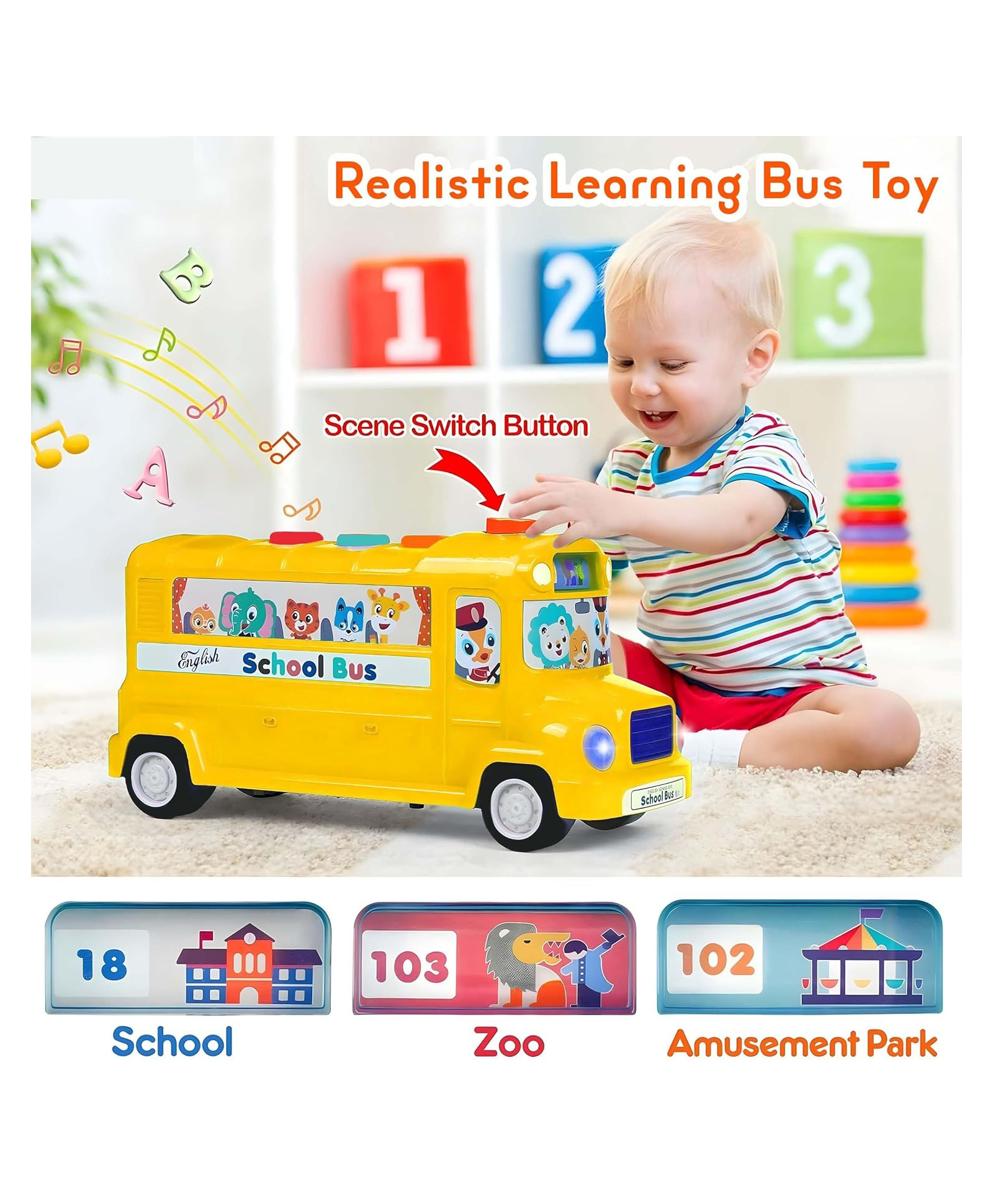 SANJARY Musical School Bus with Play and Learning Functions and Flashing Lights Toy for Kids color design may vary-image-26