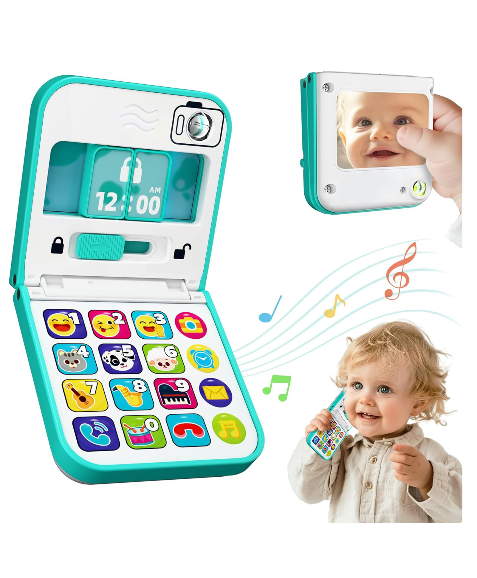 SANJARY Baby Cell Phone Toy Toddler Flip Smartphone Play Mirror Sound, Kids Music Learning Travel Game for kids color design may vary-image-49