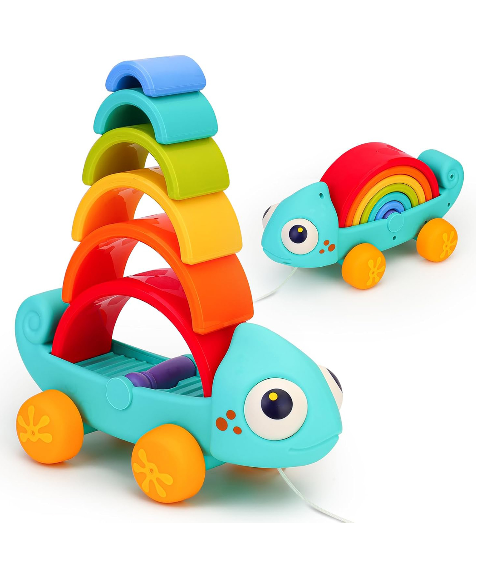 SANJARY Rainbow Stacking Toys Push & Pull Toys with Wheel, Education Sensory Toys Motor Skills Developmental Activities Toys for Kids color design may vary-picture-3