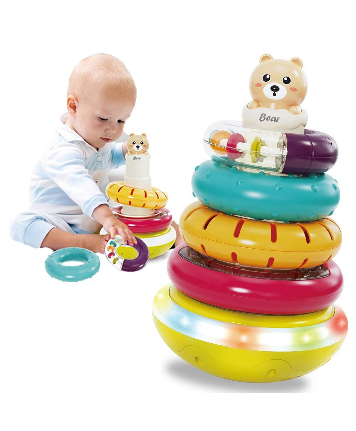 Sanjary Animal Tower Stacking ring musical roly poly Toy Baby Early Childhood Education Puzzle Ring toy for kids color design may vary-picture-5
