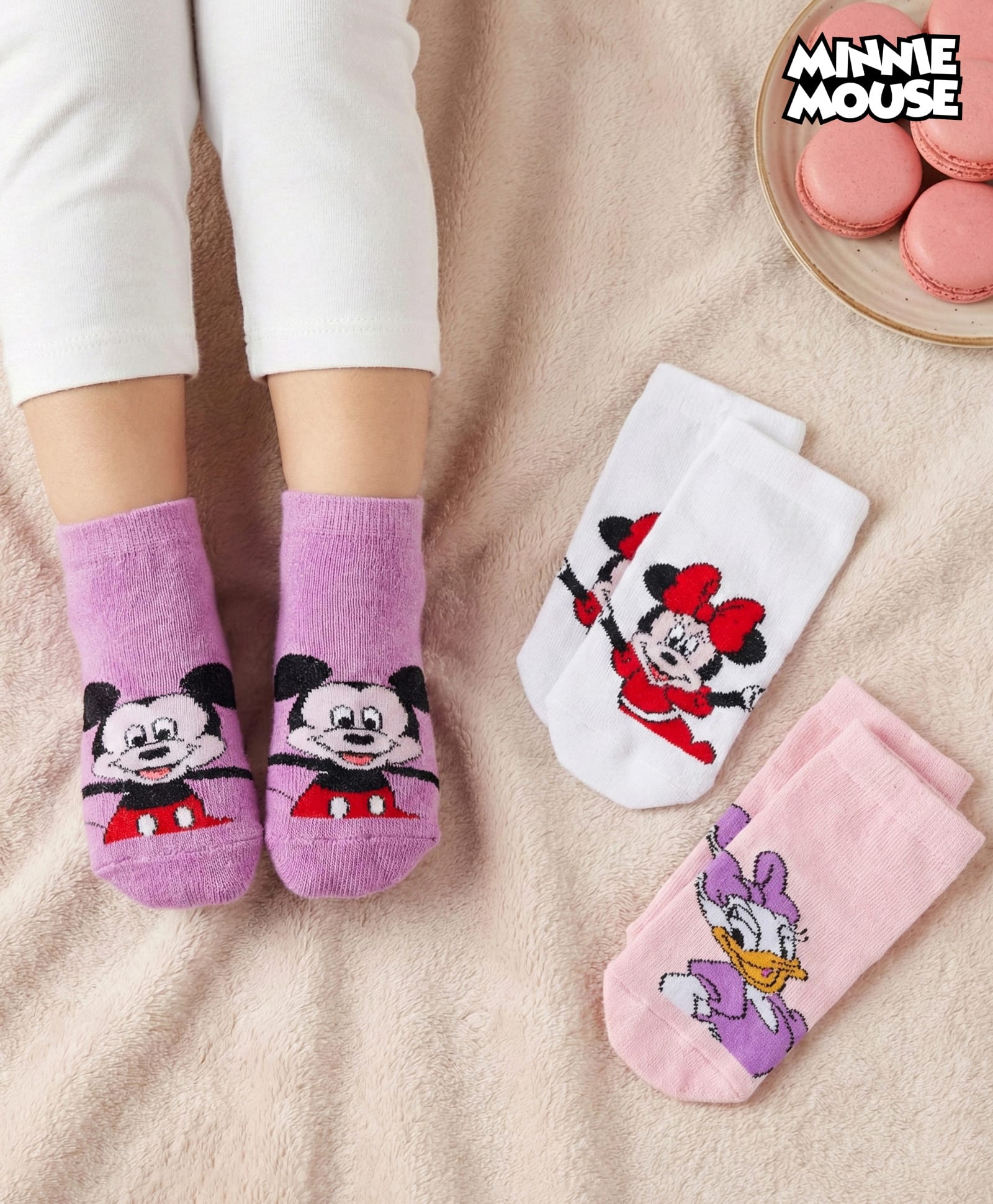 Cute Walk by Babyhug Disney Knit Ankle Length Antibacterial Socks with Minnie Mouse Graphic Pack of 3 - Pink Plum & White-picture-20