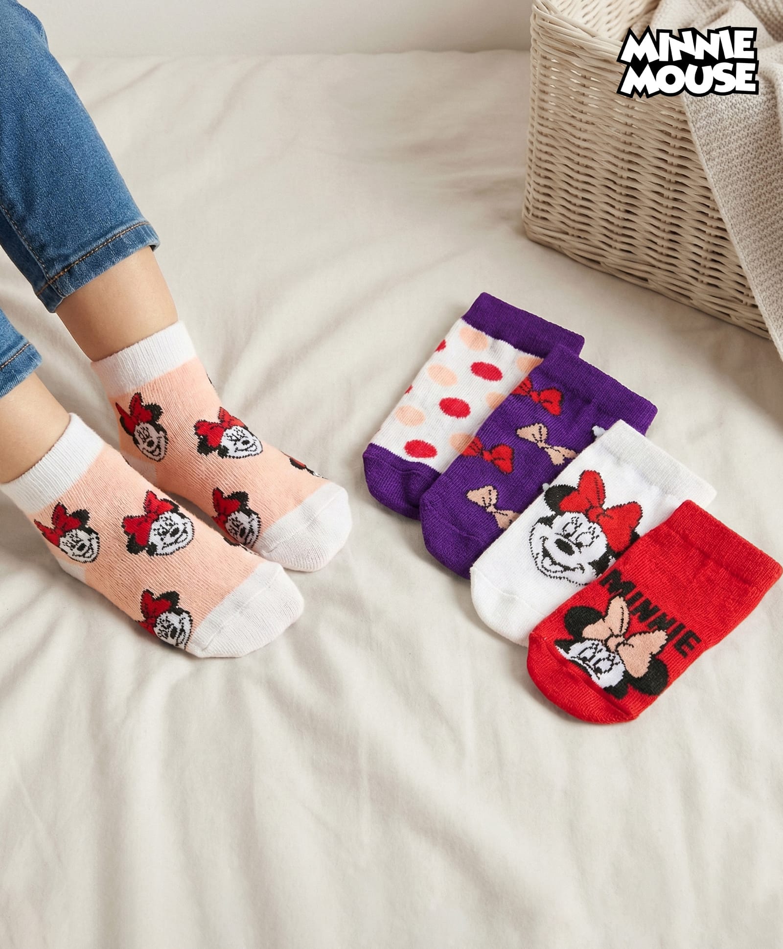 Cute Walk by Babyhug Disney Knit Ankle Length Antibacterial Socks with Minnie Mouse Graphic Pack of 5 - Red White & Navy Blue-image-17