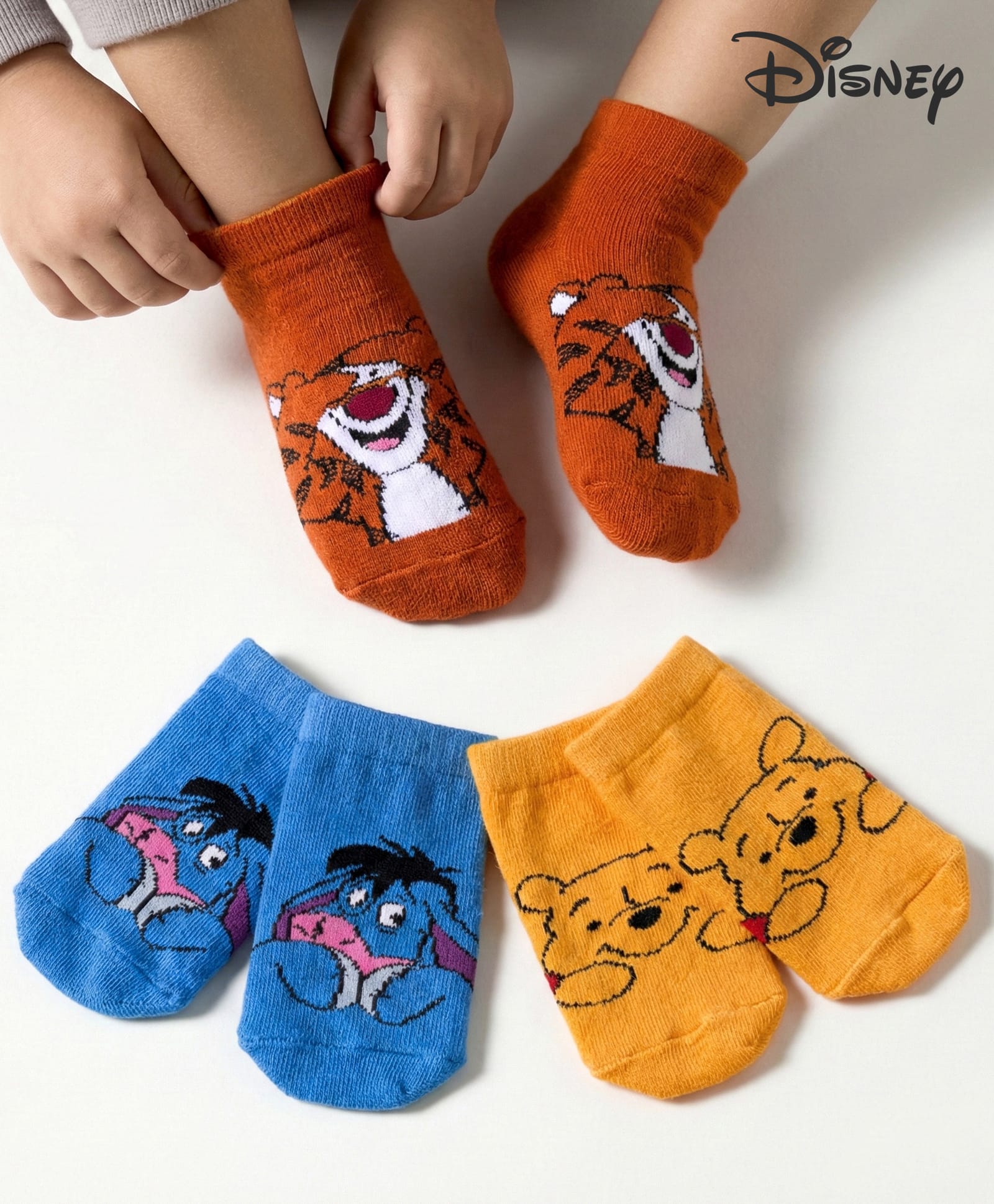 Cute Walk by Babyhug Disney Knit Ankle Length Antibacterial Socks with Winnie the Pooh Graphic Pack of 3 - Blue Yellow & Red-image-41