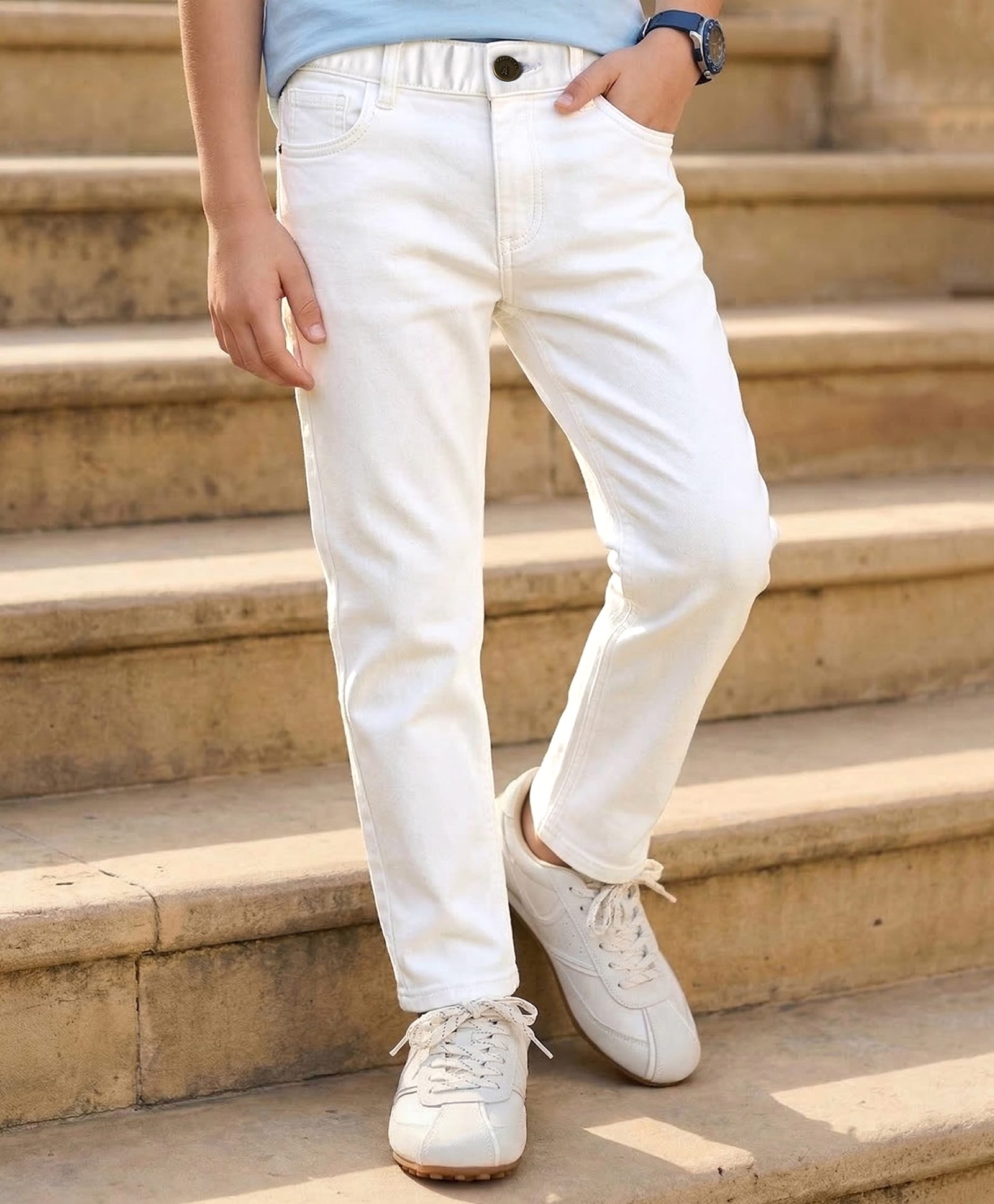 Pine Kids Denim Woven Full Length Washed Jeans - White-picture-22